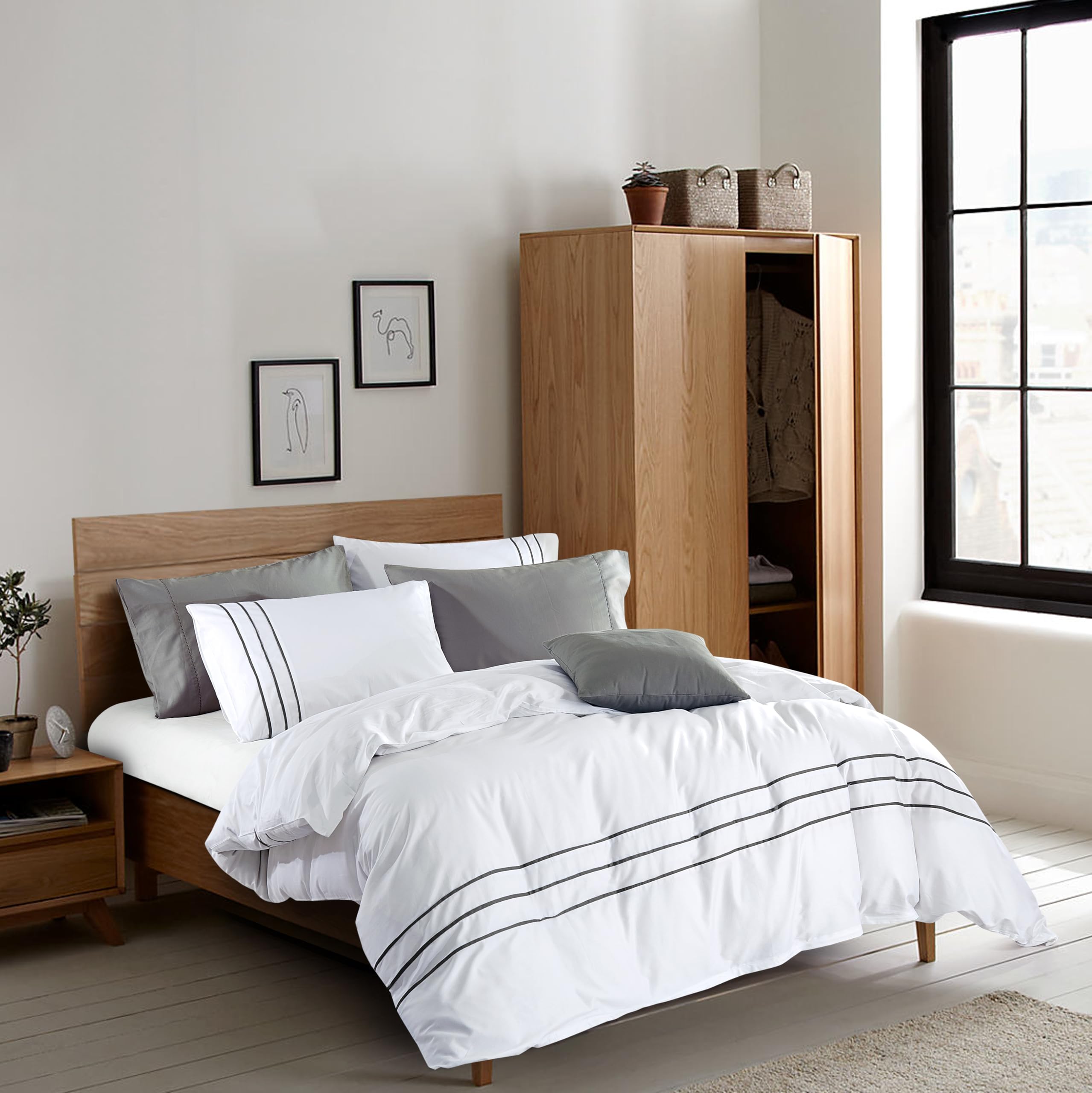 MengBoo Karen 3 Pieces White Duvet Cover Set Without Filling Grey Stripe Trim 100% Egyptian Cotton 300 Thread Count Soft Sateen 