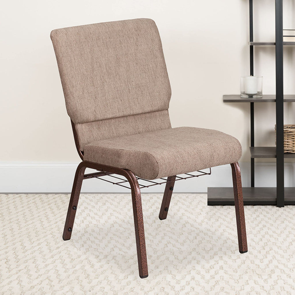 Flash Furniture Hercules Series 18.5''W Church Chair In Beige Fabric With Book Rack - Copper Vein Frame