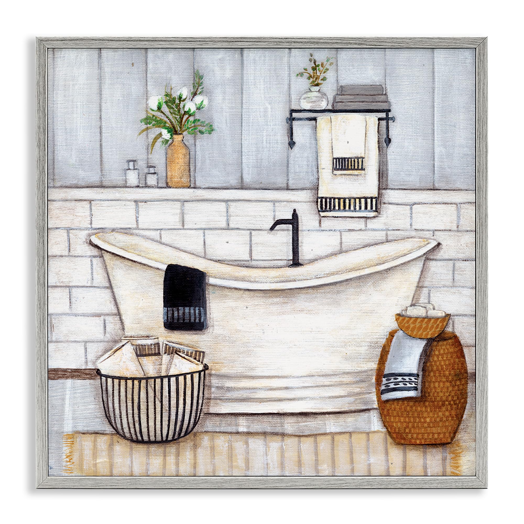 Stupell Industries Bathroom Farmhouse Style Tub Neutral Drawing Wall Art, 17x17, Grey Framed