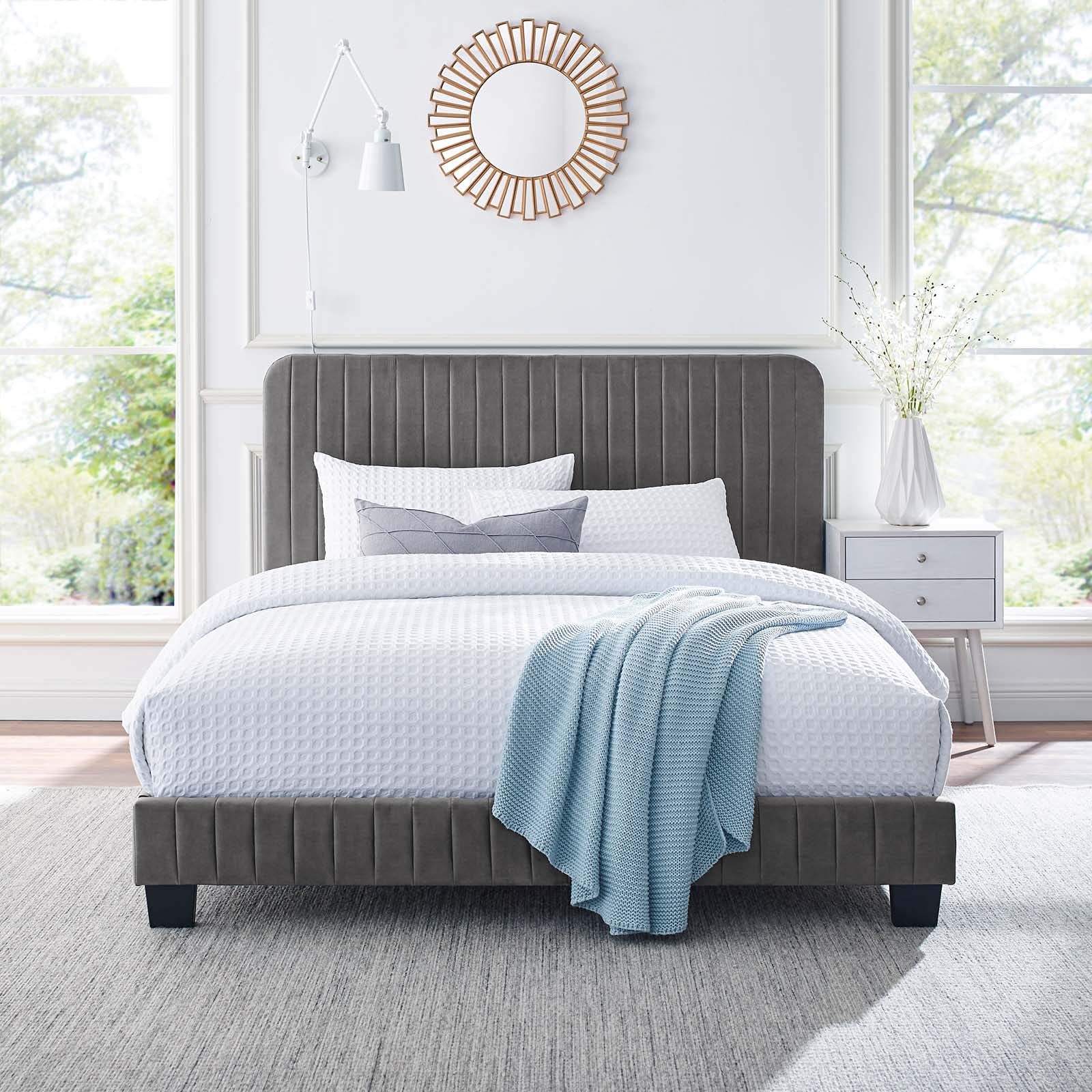 Modway Celine Channel Tufted Performance Velvet Queen Platform Bed in Gray