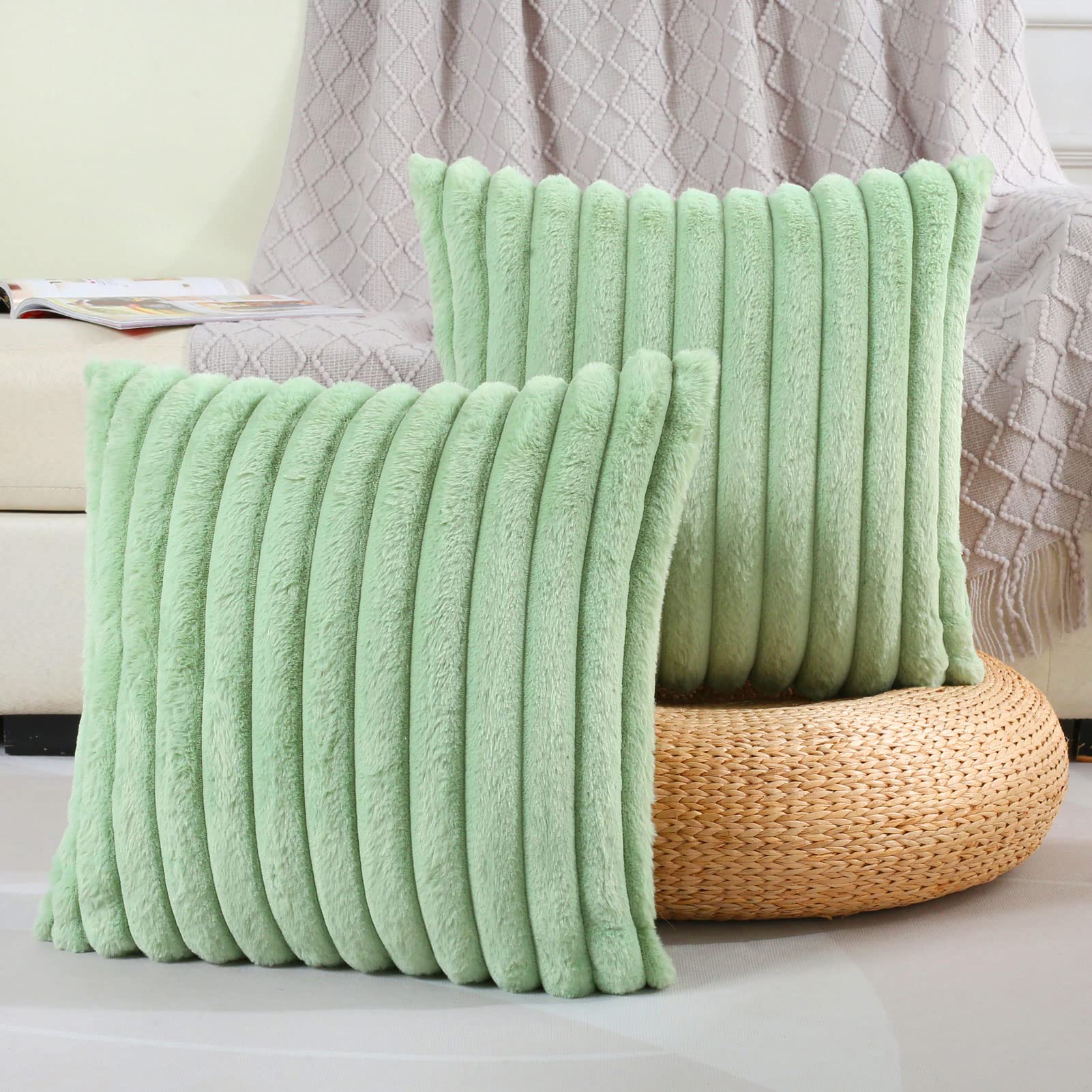 Futei Sage Green Striped Decorative Throw Pillow Covers 14X14 Inch Set Of 2,Square Fall Decorations Couch Pillow Case,Soft Cozy