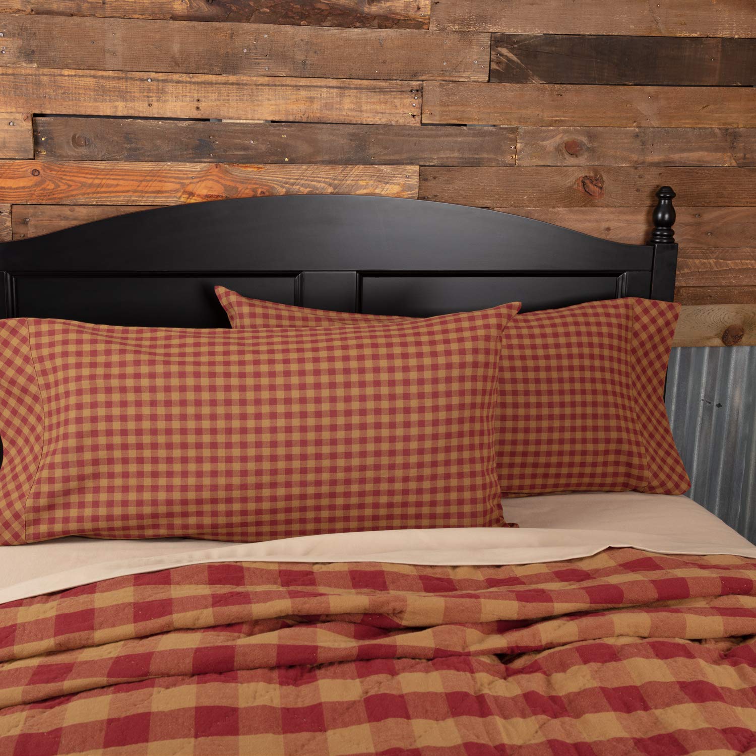 VHC Brands Burgundy Check Primitive King Pillow Case Set of 2 Red Cotton Rectangle Bedroom Decor