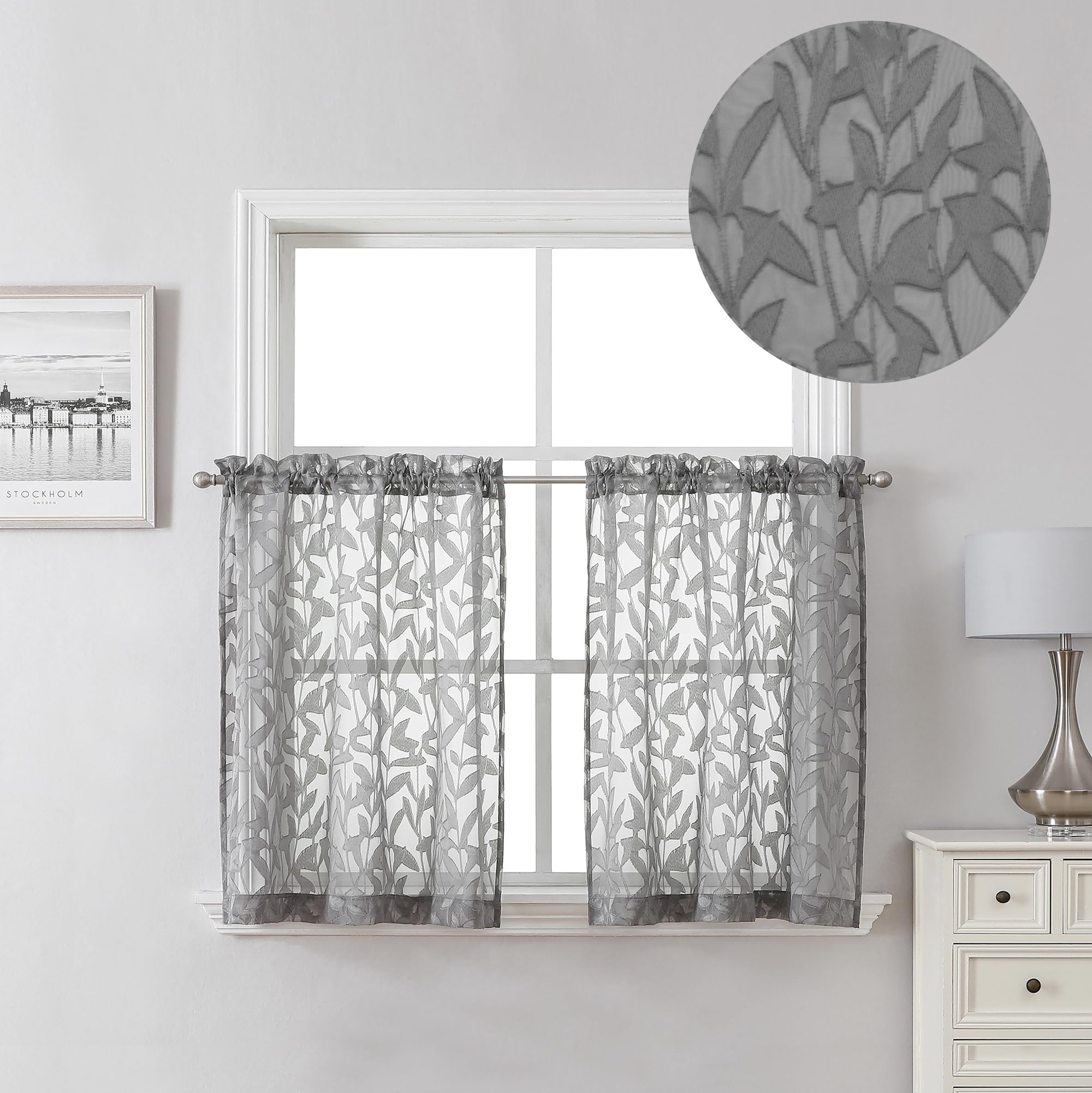 Lecloud Leia Clip Leaf Charcoal Grey Curtains Tiers Sheer Valances For Windows 24 Inch Length 2 Packs, Jacquard Textured Kitchen