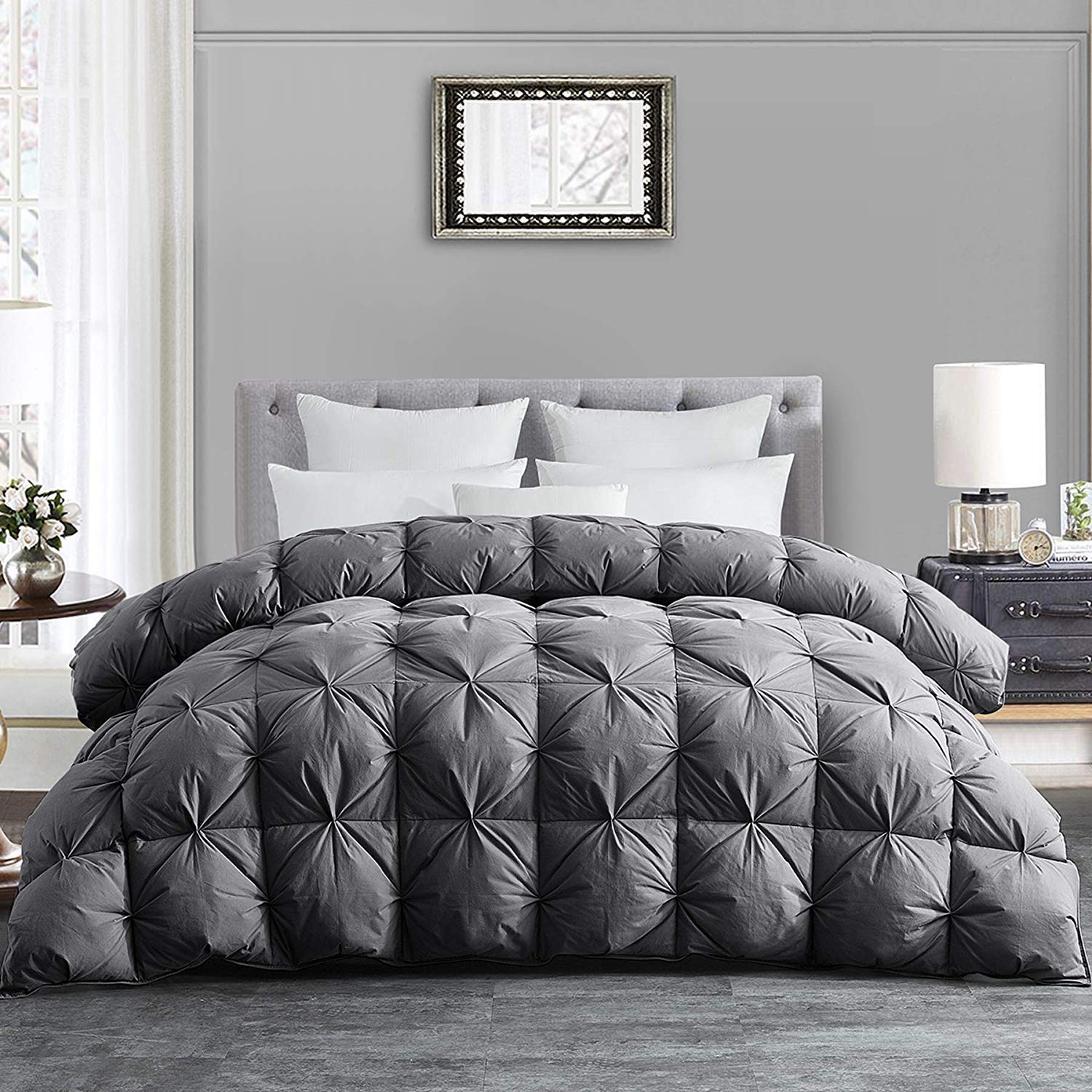 Hombys Feather And Down Comforter Queen Size, 90X90 Pinch Pleat Duvet Insert With 100% Cotton Downproof Cover, Grey Fluffy Thick
