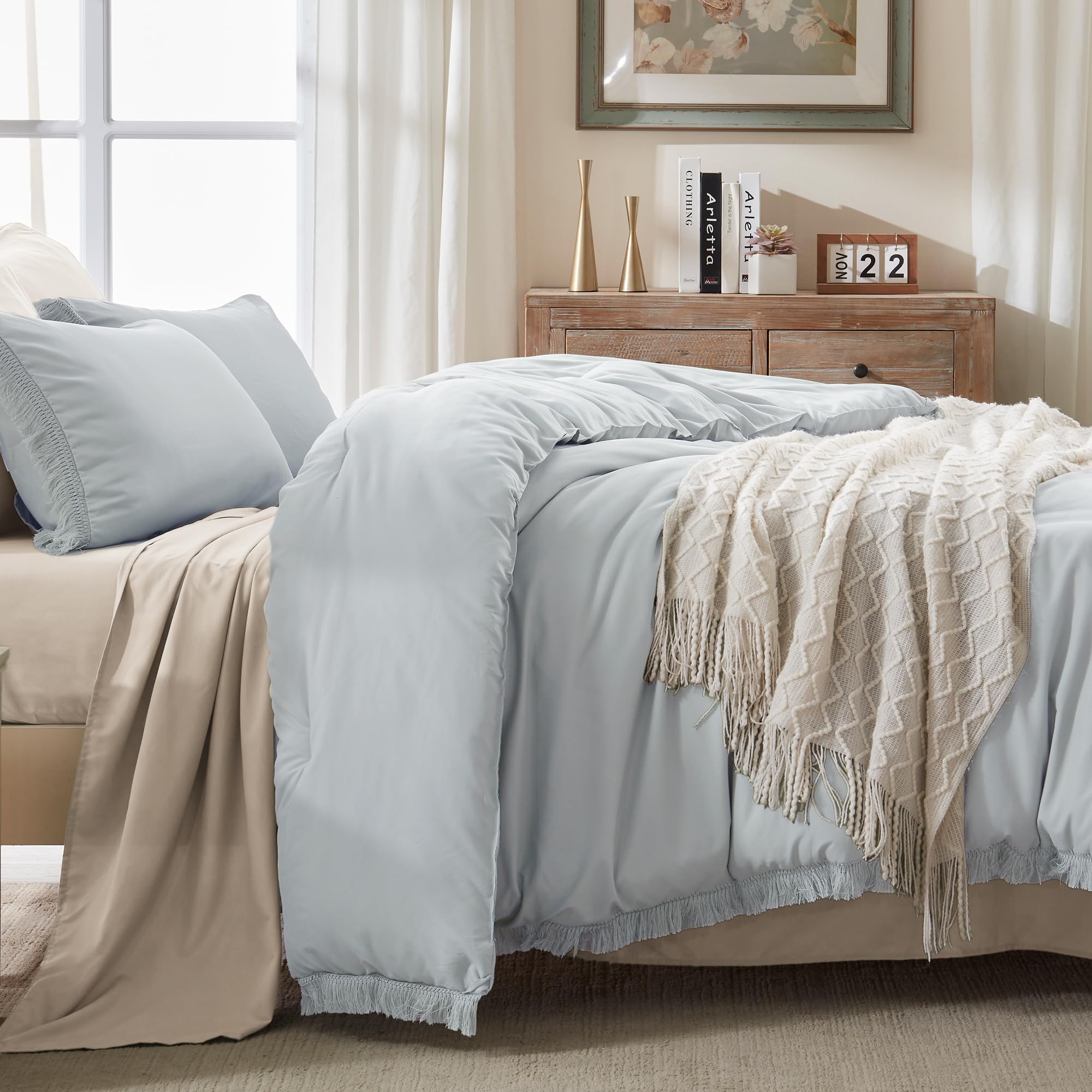 Andency Light Grey Comforter Set Queen, 3 Pieces Boho Tassel Lightweight Bedding Comforter Sets, All Season Soft Fluffy Fringe Bed Set (90X90In Comforter & 2 Pillowcases)