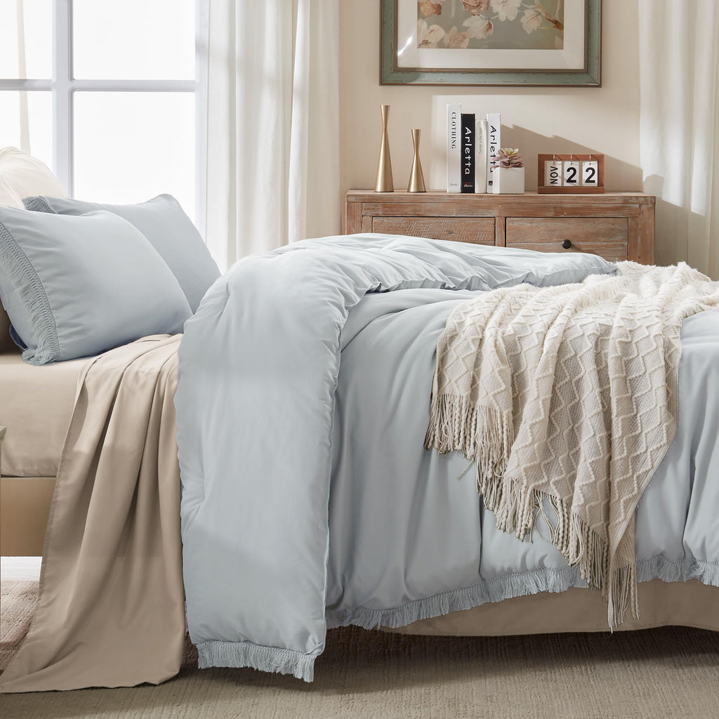 Andency Light Grey Comforter Set Queen, 3 Pieces Boho Tassel Lightweight Bedding Comforter Sets, All Season Soft Fluffy Fringe Bed Set (90X90In Comforter & 2 Pillowcases)