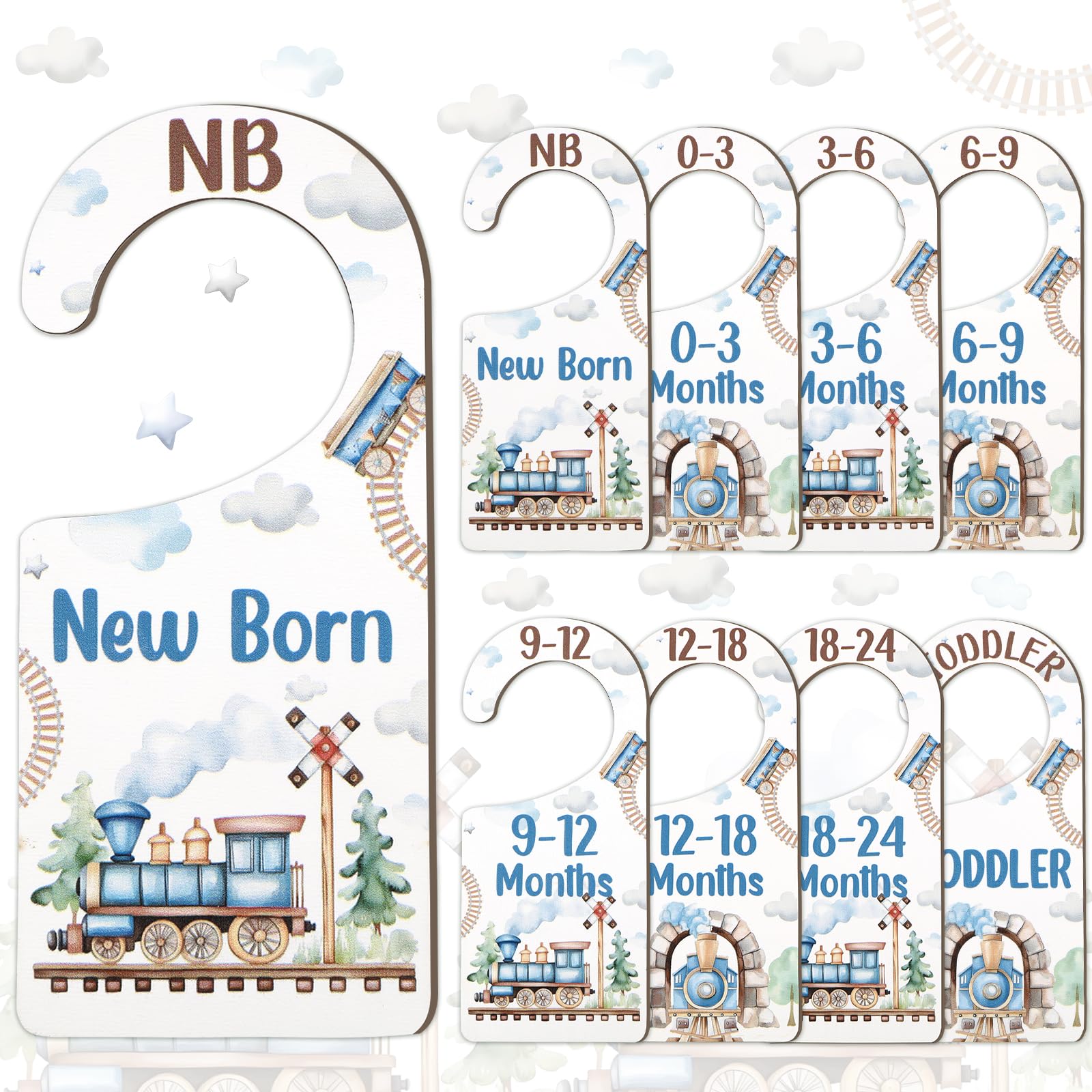 CORNER LACE Baby Closet Dividers 8PCS, Retro Train Themed Wooden Double-Sided Clothes Size Hanger/Organizer from Newborn to Todd