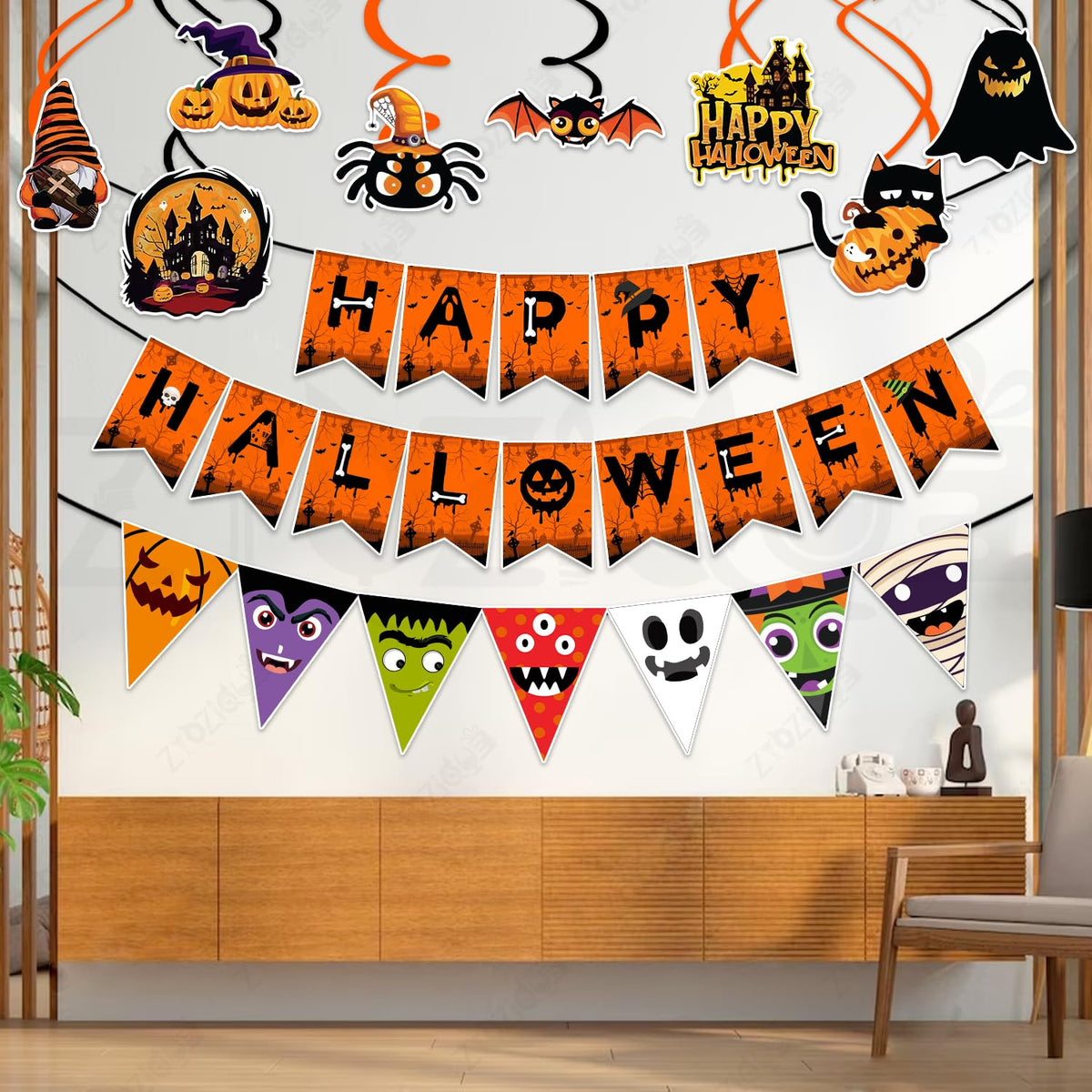 Zyozique Halloween Party Decorations Set, Orange and Black Paper Banner Bundle with Monster Faces, Pumpkins, Bats Pennant Paper