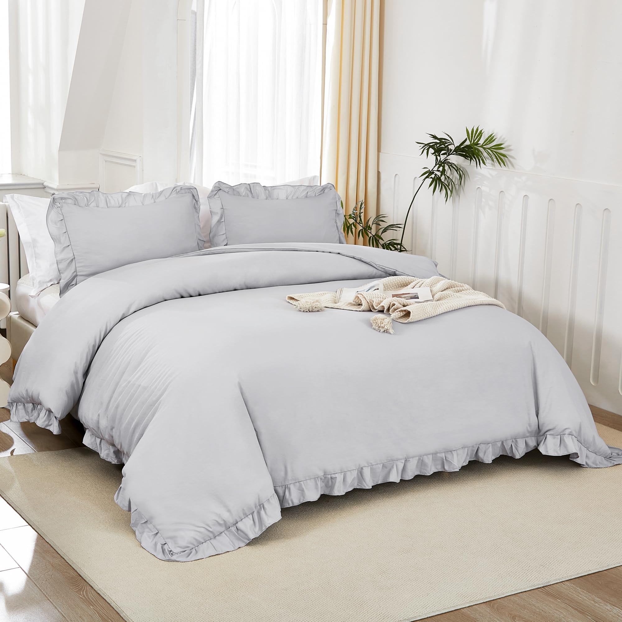 Litanika Light Grey Queen Comforter Set, 3 Pieces Ruffle Farmhouse Aesthetic Bedding Comforter Set, All Season Soft Lightweight