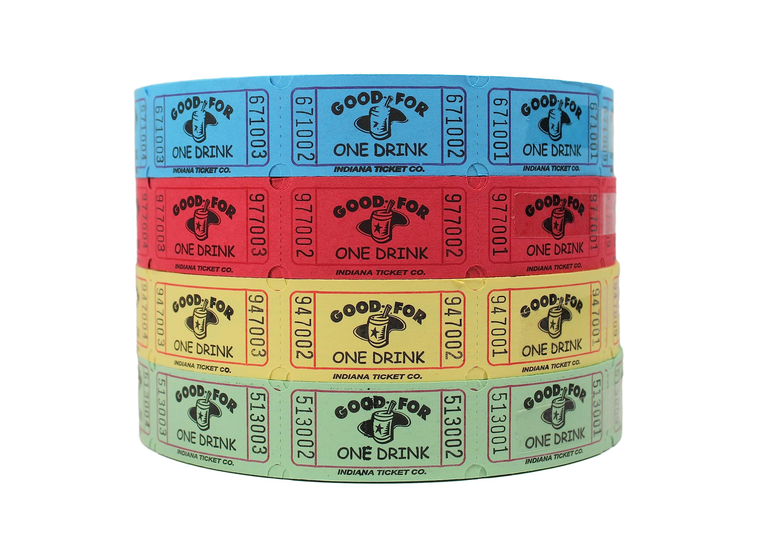 Indiana Ticket Co. 4Pk Drink Roll Tickets,1 Each Of Red,Blue,Yellow And Green 2000 Tickets Per Roll, Single Roll, 1X2 Tickets Fo