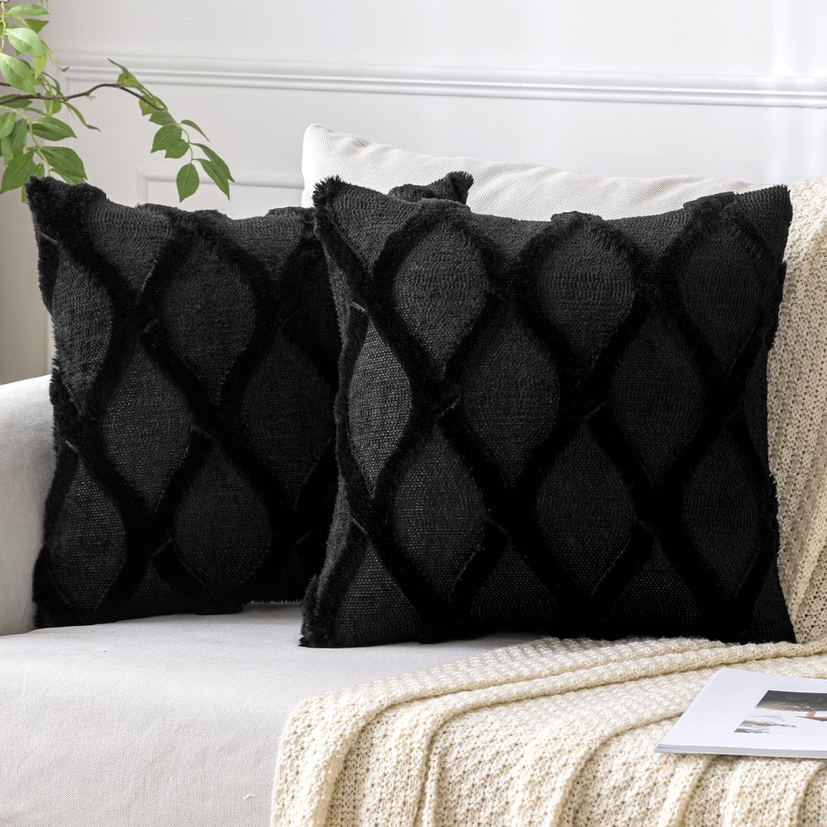 Miulee Black Decorative Throw Pillow Covers 20X20 Inch Set Of 2, Soft Plush Faux Wool Couch Pillow Covers Farmhouse Throw Pillow