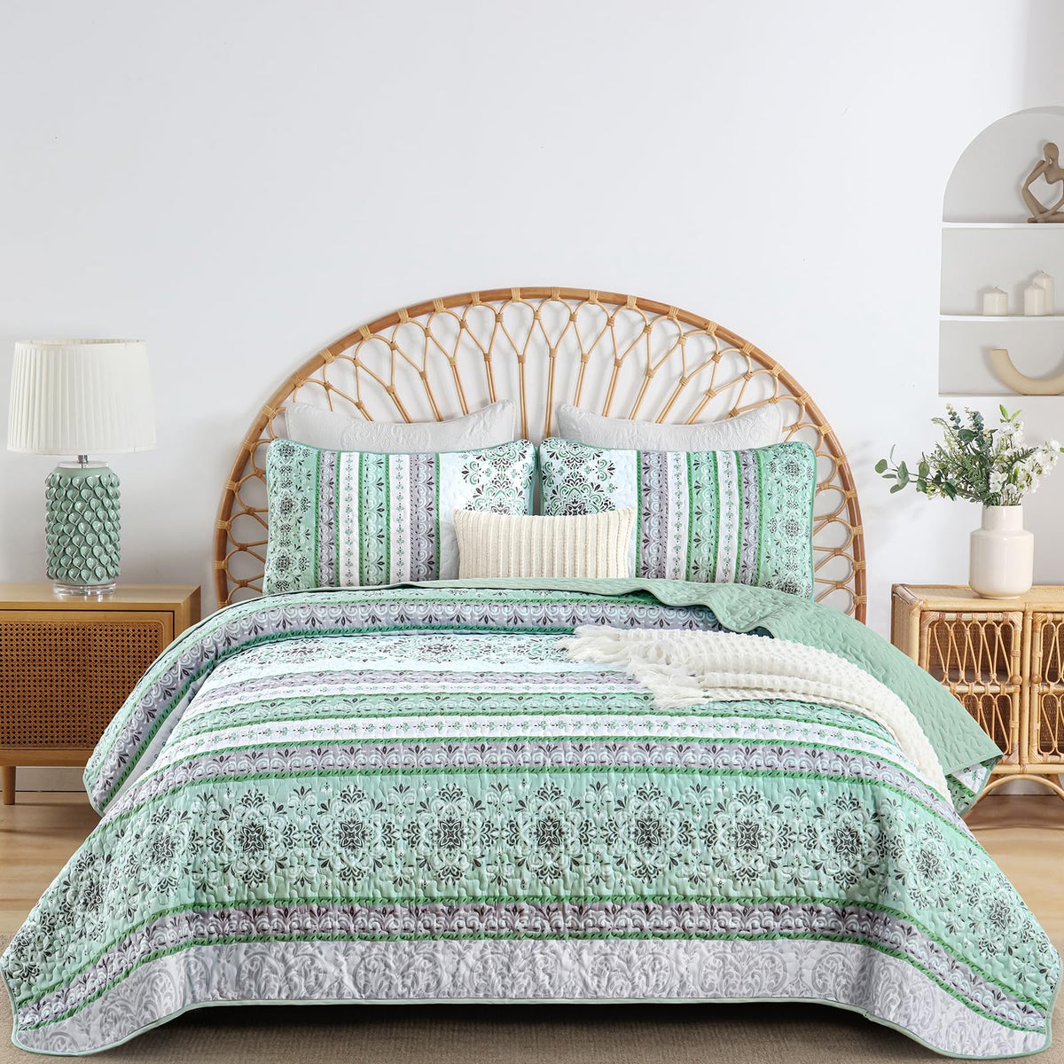 Menghomeus Green Quilt Set King Boho Striped Bedspread Coverlet Set 3 Pieces Lightweight Microfiber Bedding Set With 2 Pillow Sh