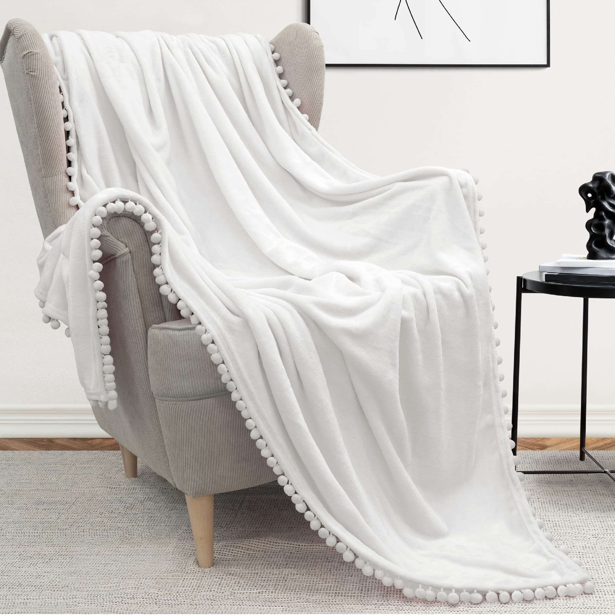 Pavilia Pom Pom Blanket Throw Twin, Pure White | Soft Fleece Pompom Fringe Blanket For Couch Bed Sofa | Decorative Cozy Plush Wa