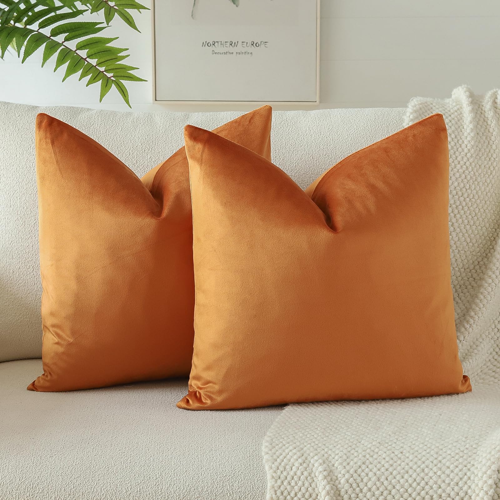 Otostar Pack Of 2 Velvet Soft Decorative Throw Pillow Covers Solid Square Cushion Case Home Decor Pillow Covers For Couch Sofa Bedroom Living Room Decorative Pillowcases 20 X 20 Inch (Orange)