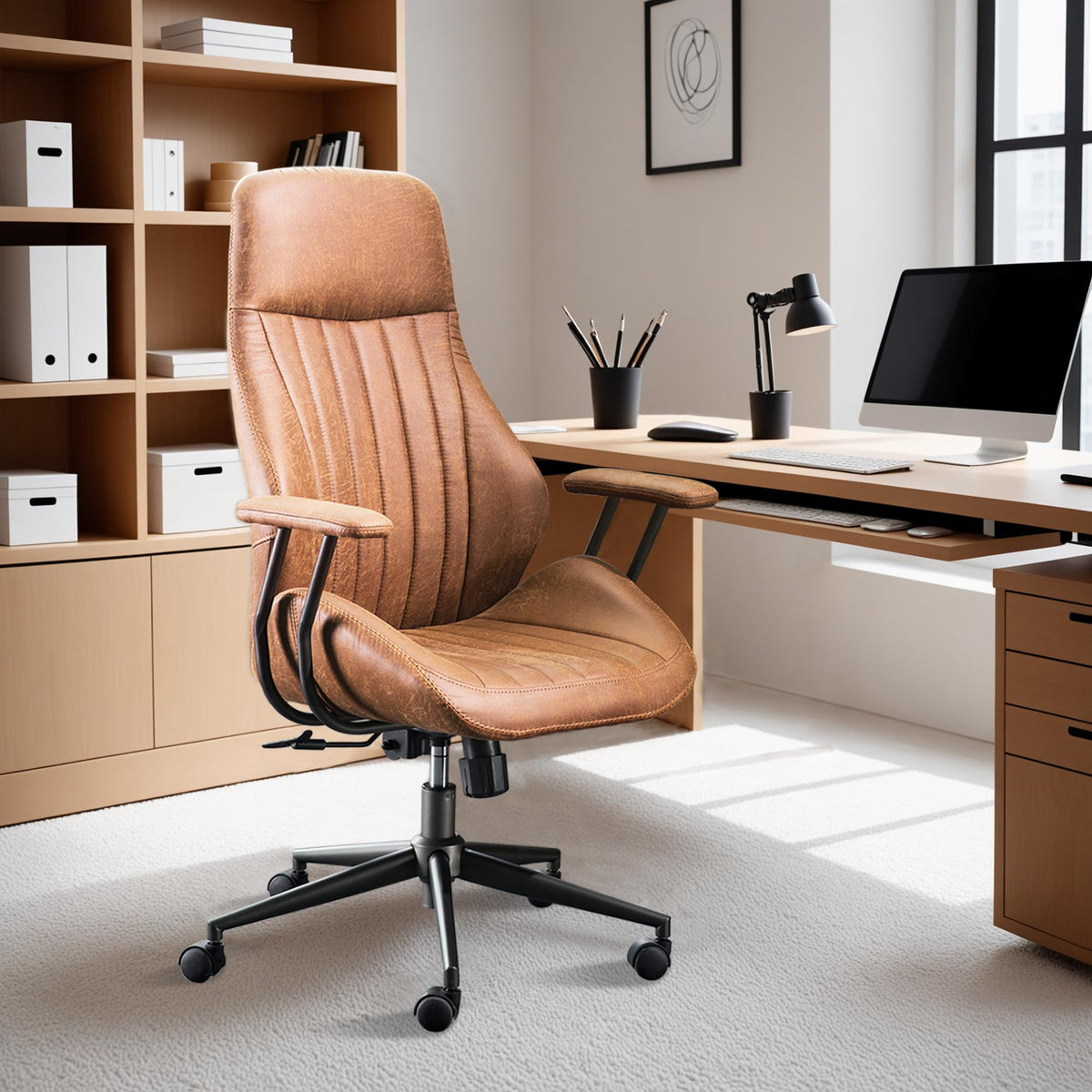 Ovios Office Chair, Mid Century Modern Chair With Lumbar Support, Ergonomic High Back Suede Leather Executive Chair With Swivel