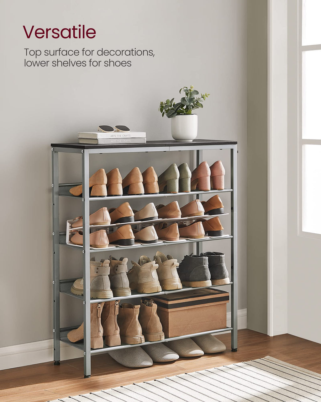 VASAGLE 5-Tier Shoe Rack Organizer - Charcoal Grey & Metallic Silver, Freestanding, Adjustable Storage Shelves for Entryway ULBS038E22