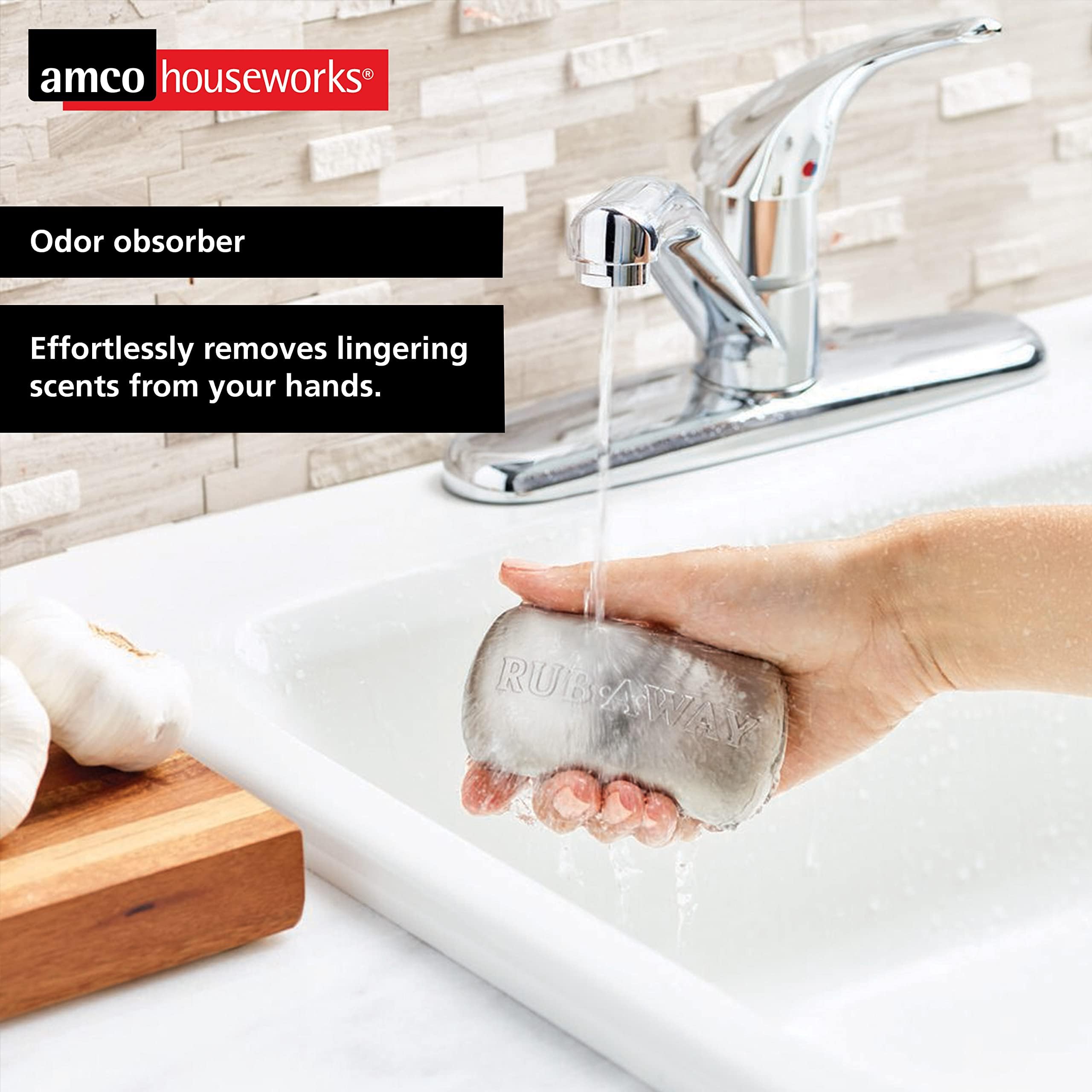 Amco Rub-A-Way Bar | Stainless Steel Odor Absorber | 4'' X 2.25'' | Dishwasher Safe | Kitchen & Outdoor Essential For Garlic, On