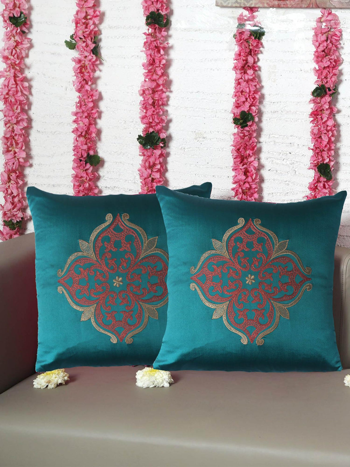 Zeba World Cushion Cover For Sofa, Bed | Polyester | Motif Embroidery | Teal  16X16In(40X40Cm) (Pack Of 2)