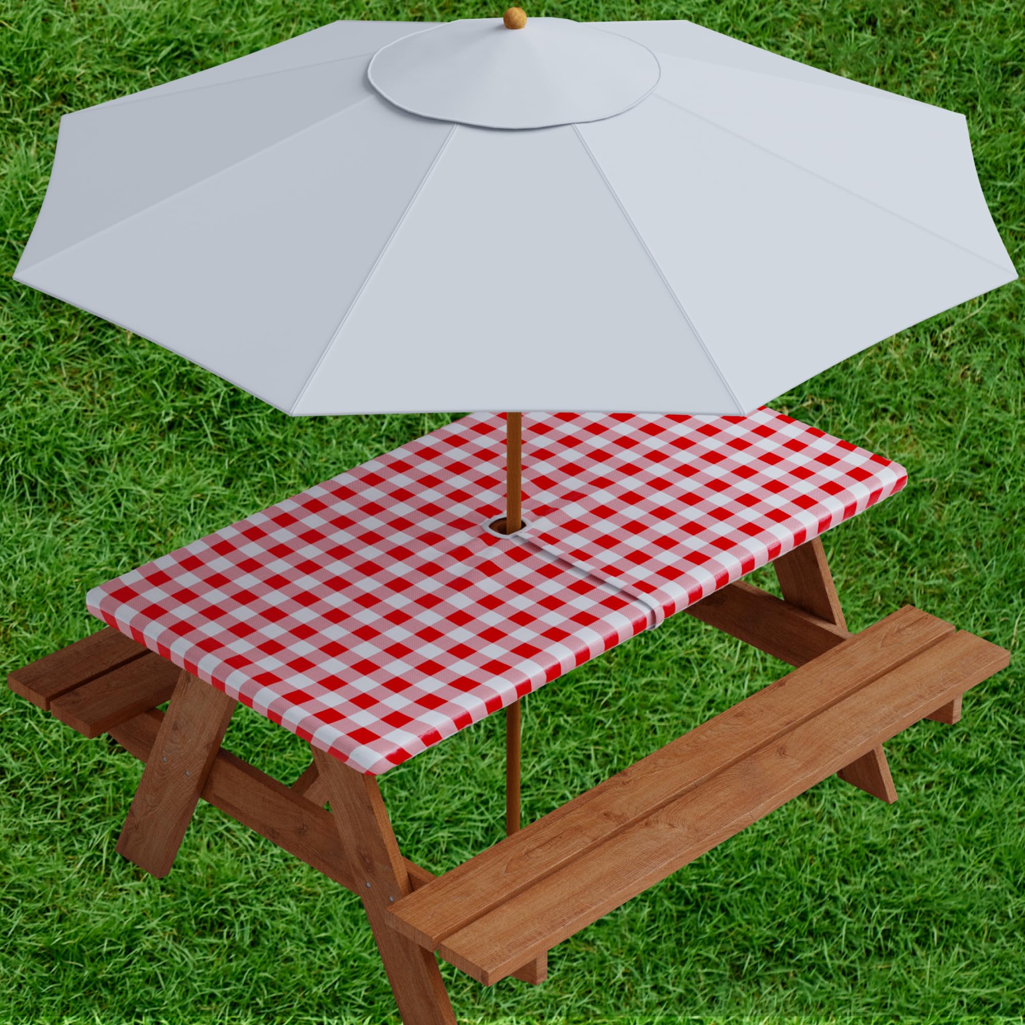Sorfey Vinyl Umbrella Rectangle Fitted Tablecloth Cover, Checkered Design, Flannel Backed Lining 24X48 Inch, Red