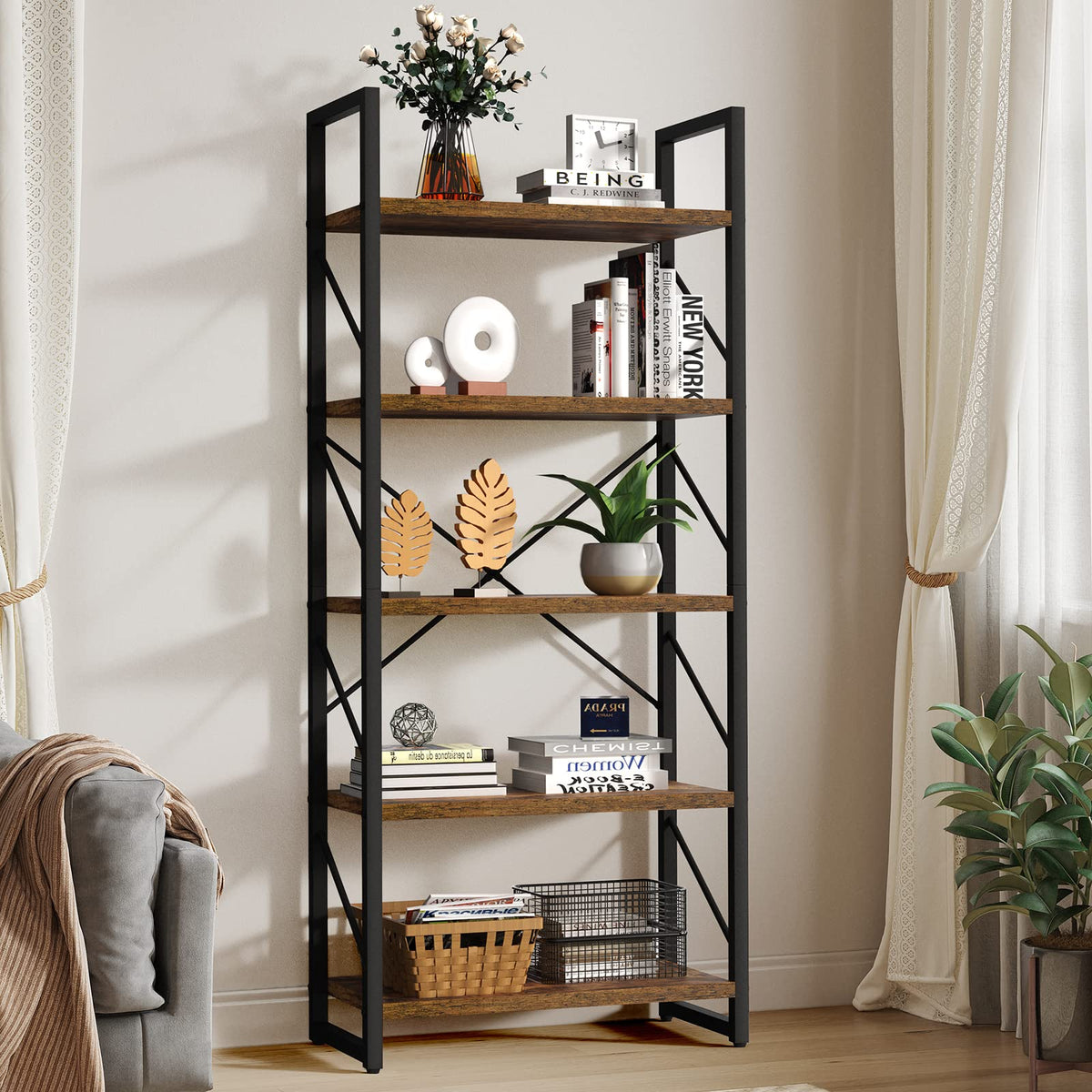 Yitahome 5 Tiers Bookshelf, Artsy Modern Bookcase, Book Rack, Storage Rack Shelves Books Holder Organizer For Books/Movies In Living Room/Home/Office - Rustic Brown