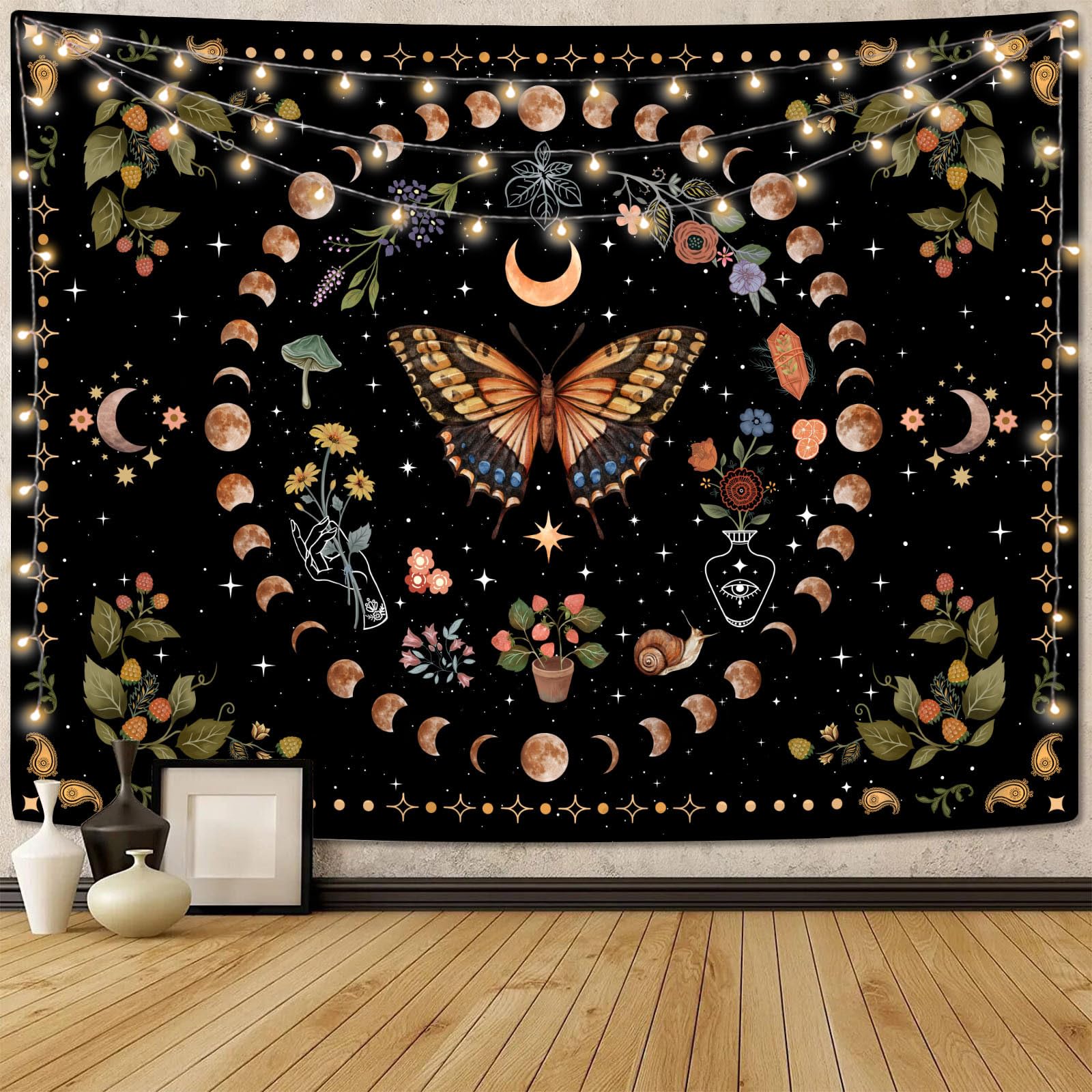 Aipon Yellow Butterfly Moon Flower Tapestry Botanical Floral Plant Boho Tapestry For Bedroom Aesthetic Vintage Tapestries Wall H