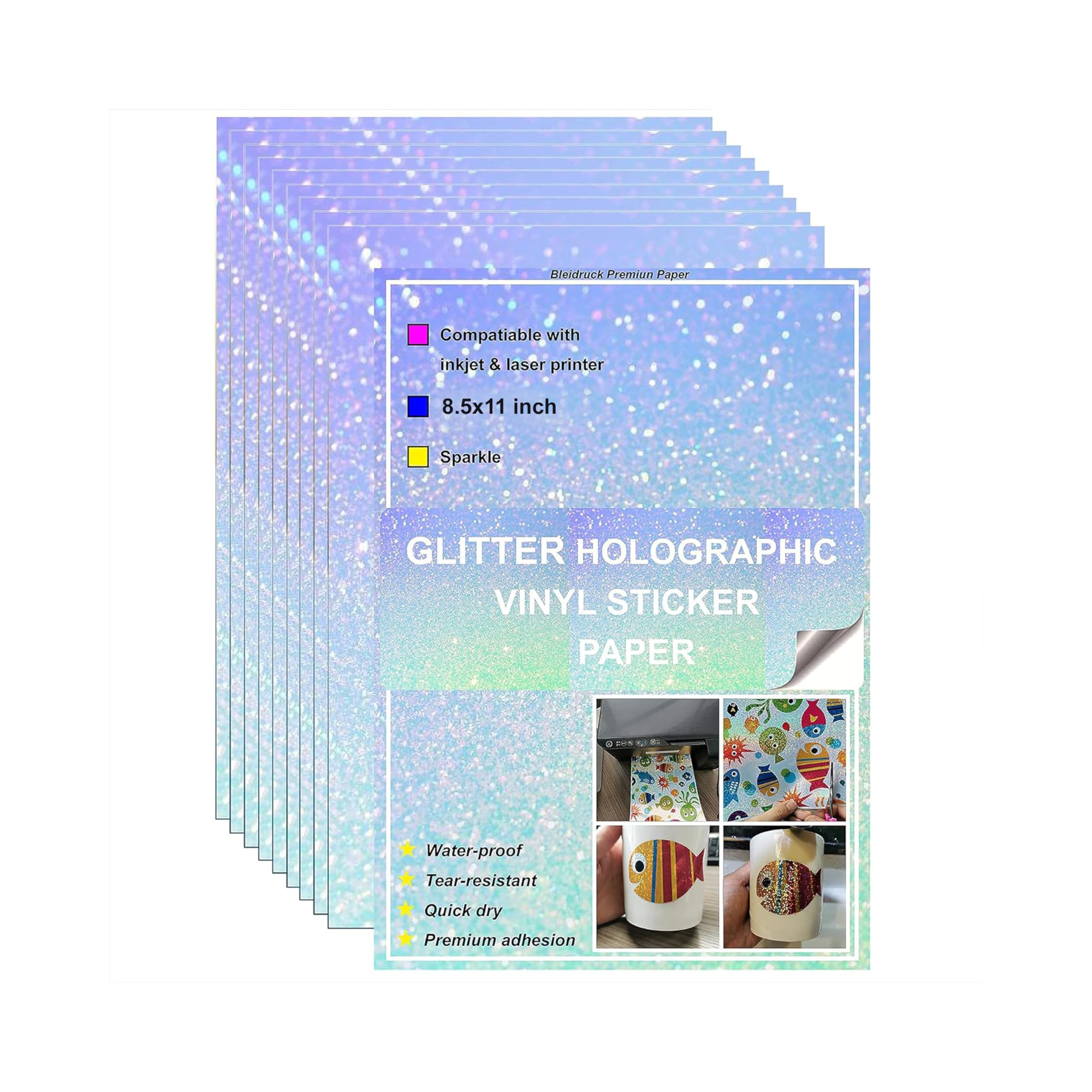 Bleidruck Printable Sparkle Holographic Sticker Paper 20 Sheets 8.5X11 Inch Waterproof Glitter Vinyl Sticker Paper Quick Dry For
