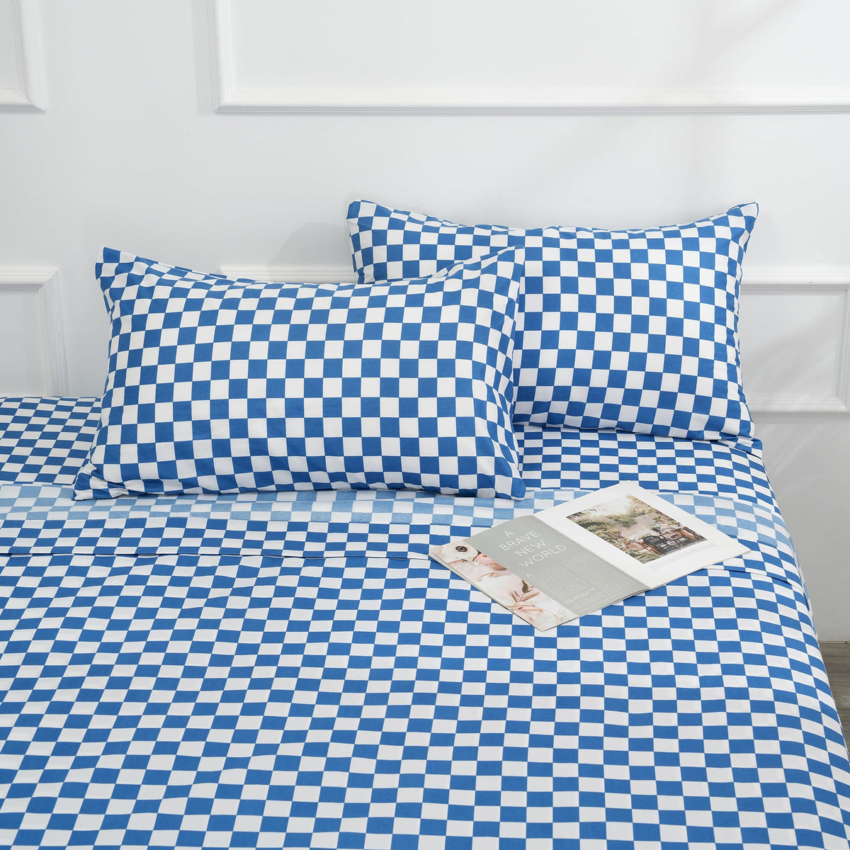 Queen Size Sheet Set 4 Piece -Microfiber Soft Durable Bedding Sheet Set,Deep Pocket,Stain,Fade & Wrinkle Resistant (Plaid Blue&W
