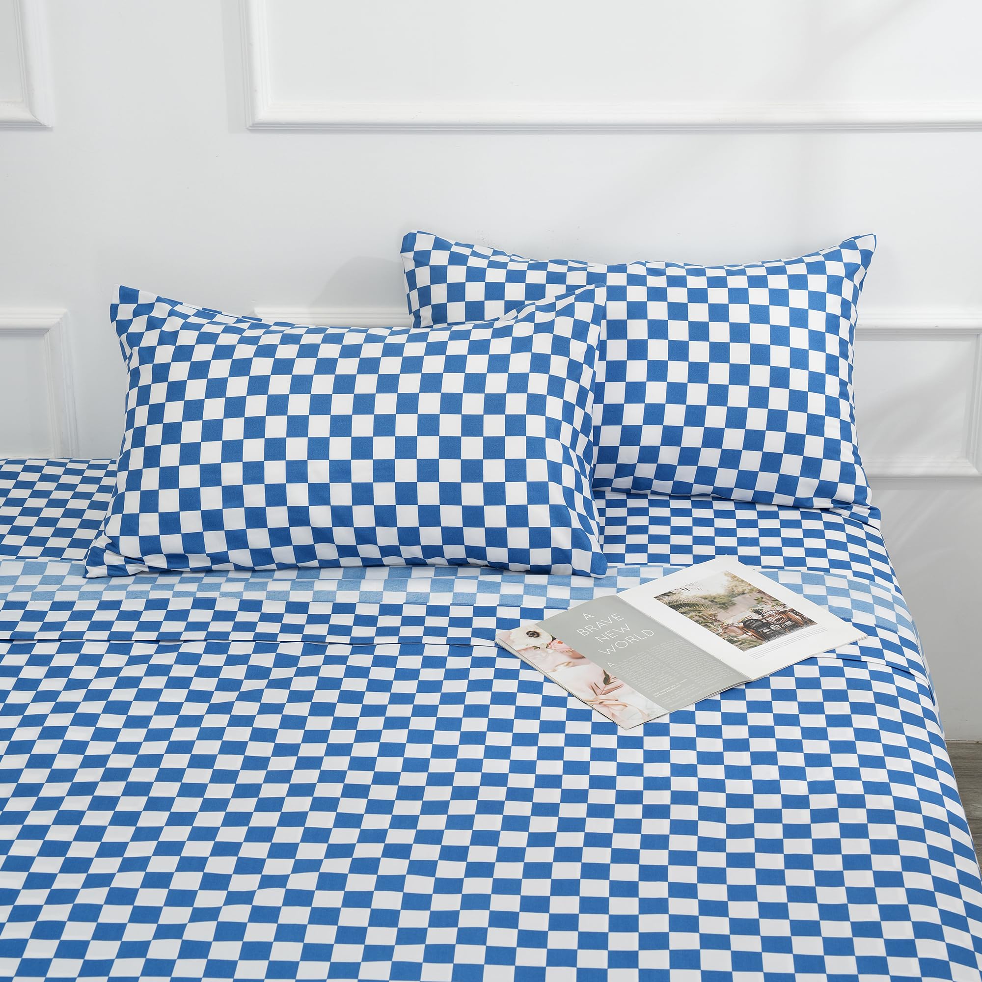 Queen Size Sheet Set 4 Piece -Microfiber Soft Durable Bedding Sheet Set,Deep Pocket,Stain,Fade & Wrinkle Resistant (Plaid Blue&W