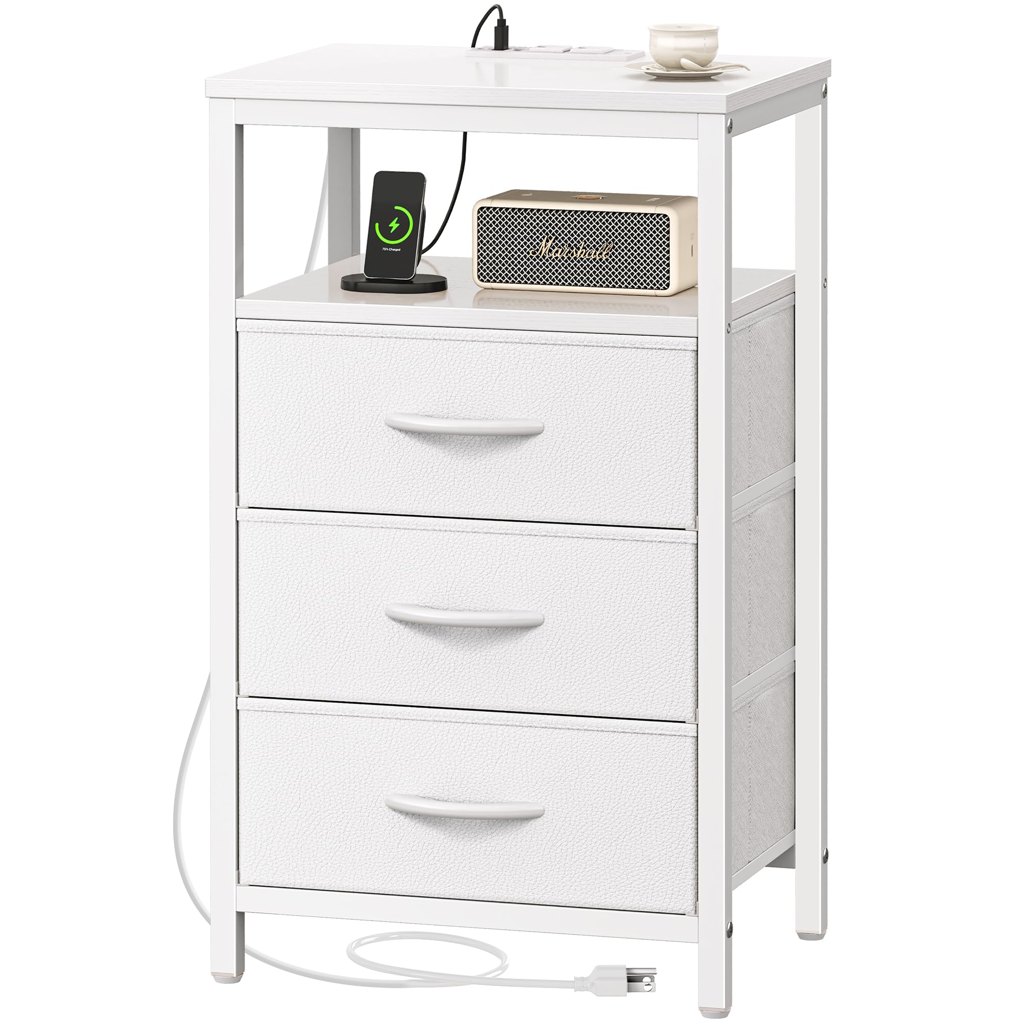 Huuger Nightstand with Charging Station, 27.6 Inch Side Table with Drawers, PU Leather Finish, End Table Bedside Table with USB 
