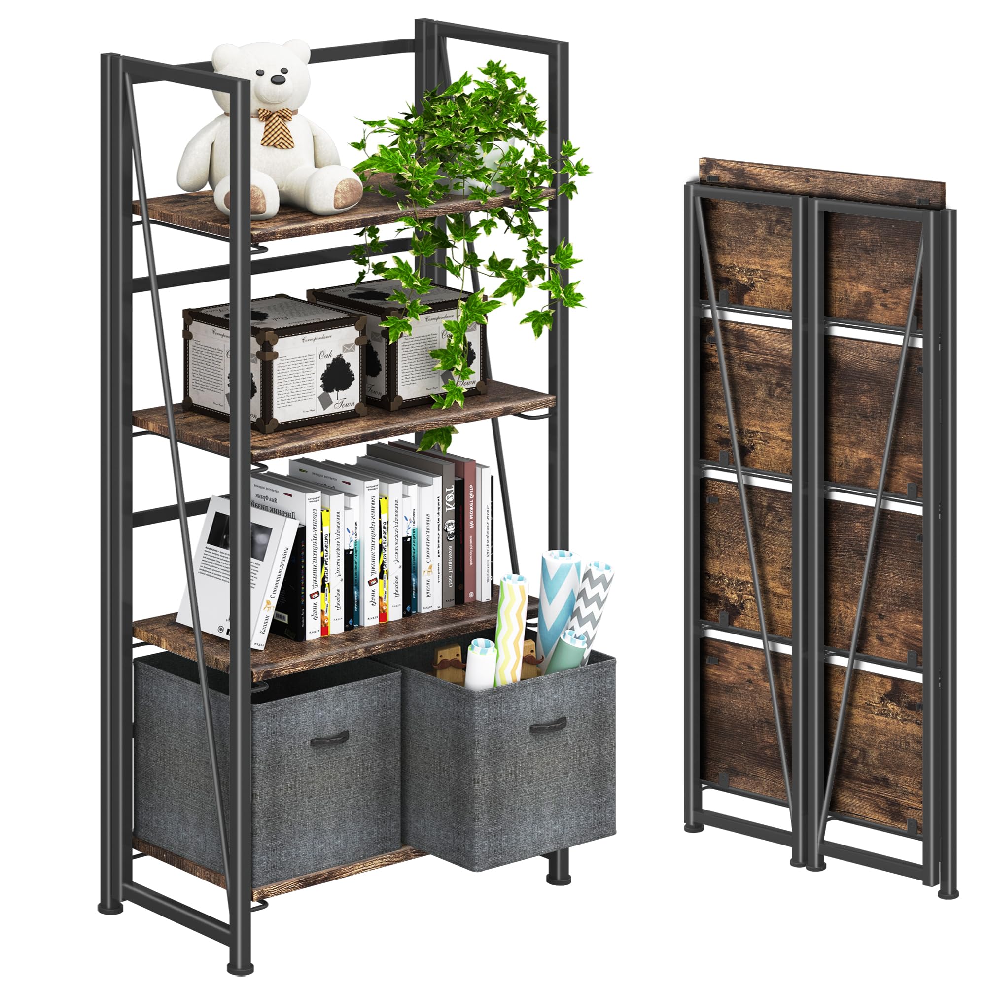 4NM No-Assembly Folding Bookshelf Storage Shelves 4 Tiers Vintage Bookcase Standing Racks Study Organizer Home Office (Rustic Br