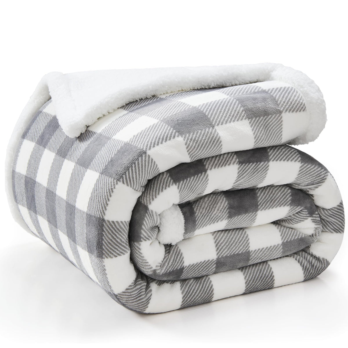 Bedelite Sherpa Fleece Blankets King Size - Grey And White Buffalo Plaid Christmas Blanket, Super Soft Cozy Warm Thick Winter Bl