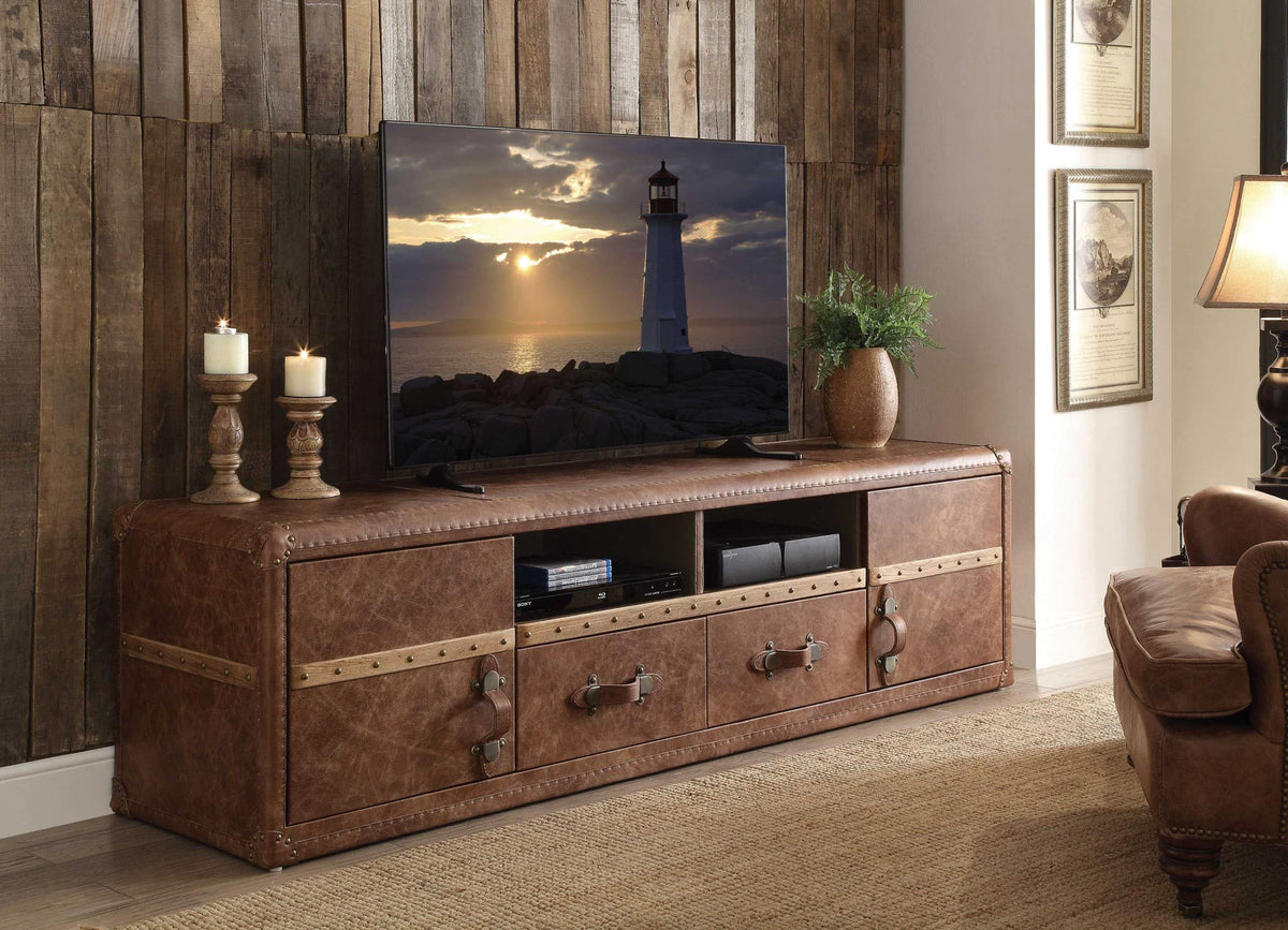 HomeRoots 80&quot; X 20&quot; X 22&quot; Retro Brown Leather Tv Stand