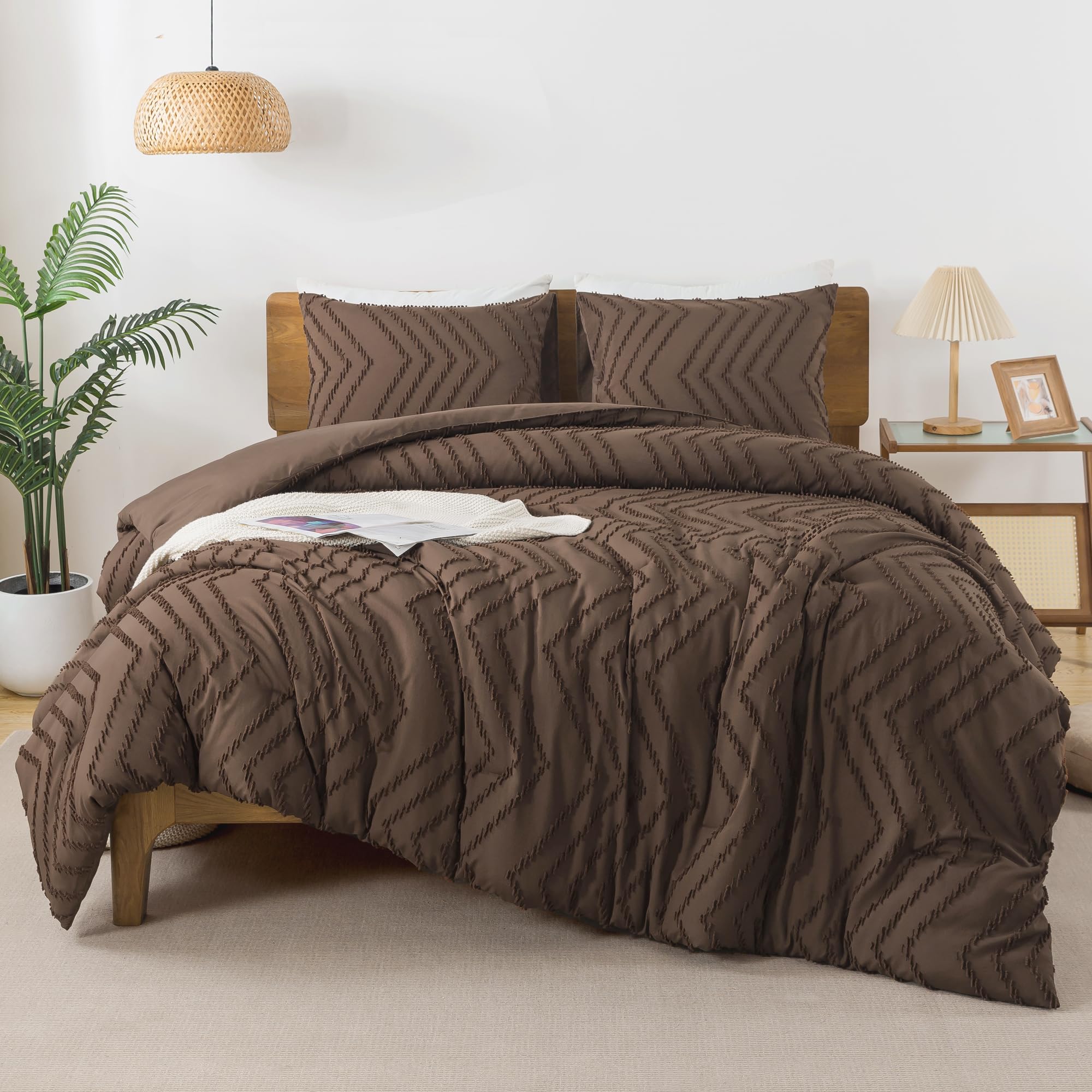Andency Brown Comforter Set Queen Size, Boho Soft Warm Tufted Bedding Comforter Sets For Queen Size Bed, 3 Pieces Aesthetic Chevron Farmhouse Cute Bohemian Textured Bed Set