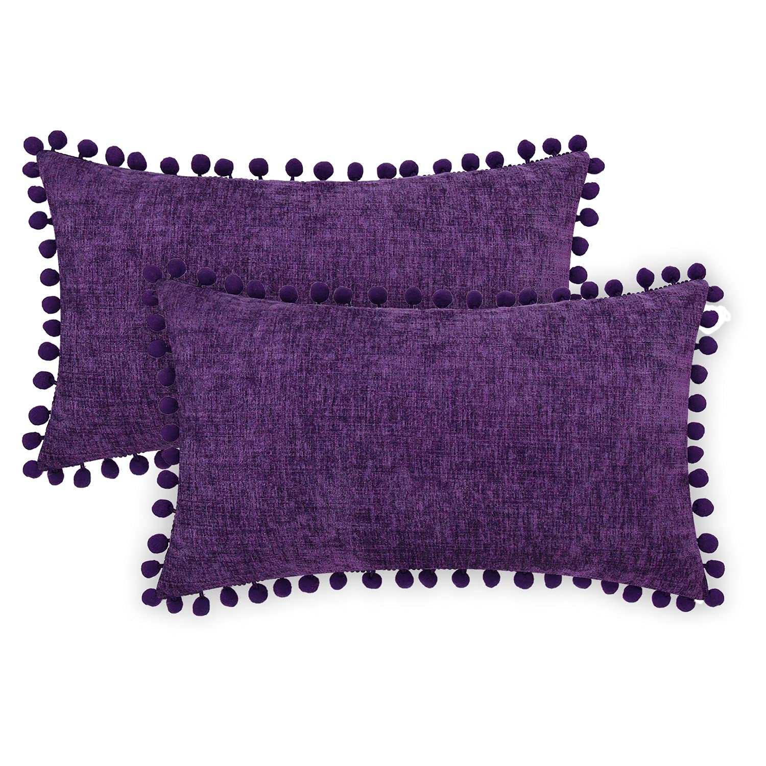 Calitime Set Of 2 Cozy Throw Pillow Covers Soft Chenille Dyed Cushion Covers With Pompoms For Sofa Couch Home Decor 30Cm X 50Cm