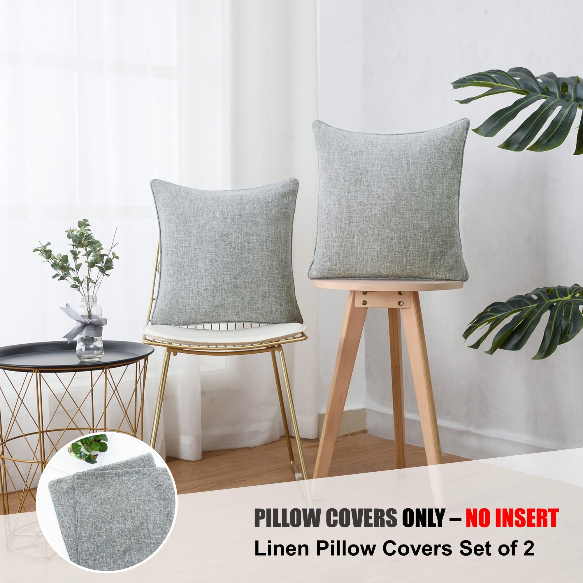 Hpuk Linen Throw Pillow Covers Pack Of 2, 18X18 Inch Accent Cushion Covers For Living Room, Bedroom, Decorative Solid Color Pillow Covers For Couch, Sofa, Chair, Grey