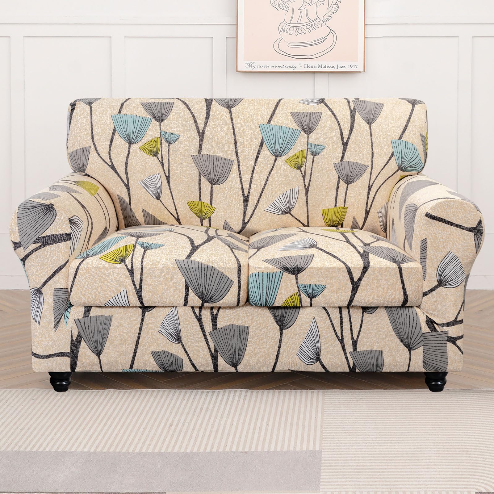 Searchi Stretch Sofa Cover Printed Couch Cover, Floral Pattern 3 Pieces Loveseat Slipcover With 2 Separate Cushion Cover, Washable Furniture Protector For Living Room(Loveseat, Dandelion Pattern)