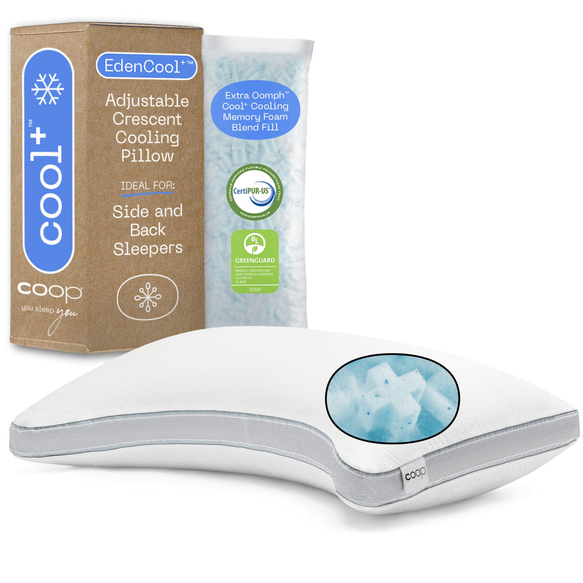 Coop Home Goods Eden Cool+ Crescent Adjustable Pillow, King Size Plus Shaped Memory Foam Pillows With Cooling Gel, Neck Support,
