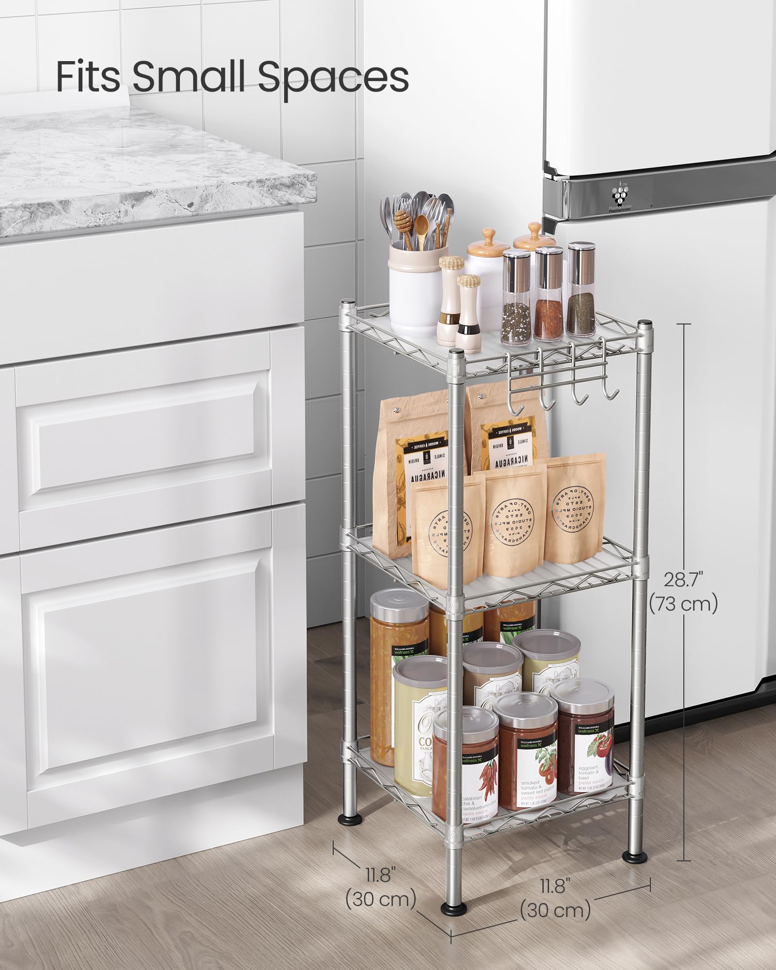 Songmics 3-Tier Bathroom Shelf, Storage Rack For Small Space, With 3 Pp Shelf Liners, Removable Hook, Extendable Design, Silver And Translucent Ulgr103E01