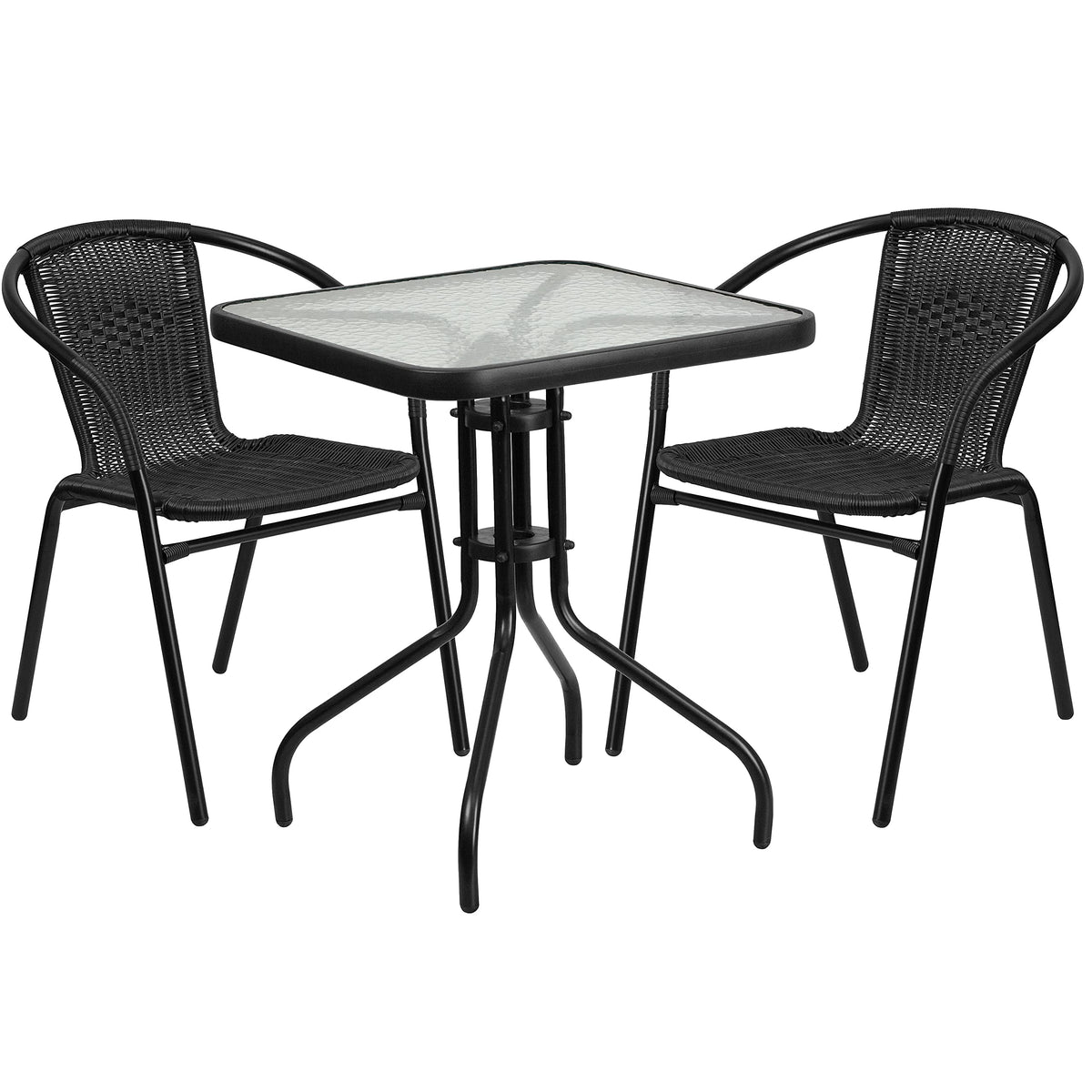 Flash Furniture Lila 23.5'' Square Glass Metal Table with 2 Black Rattan Stack Chairs