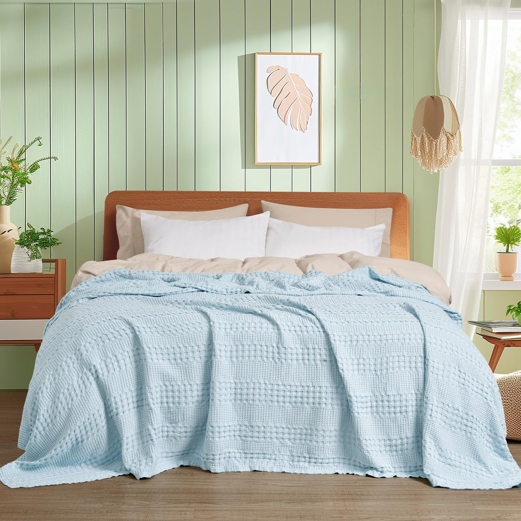 Phf Cooling Waffle Blanket King Size, Lightweight 60% Rayon Derived From Bamboo & 40% Cotton Breathable Blanket For Hot Sleepers, Soft And Luxury For Bed Couch And Sofa,104'X90',Sky Blue