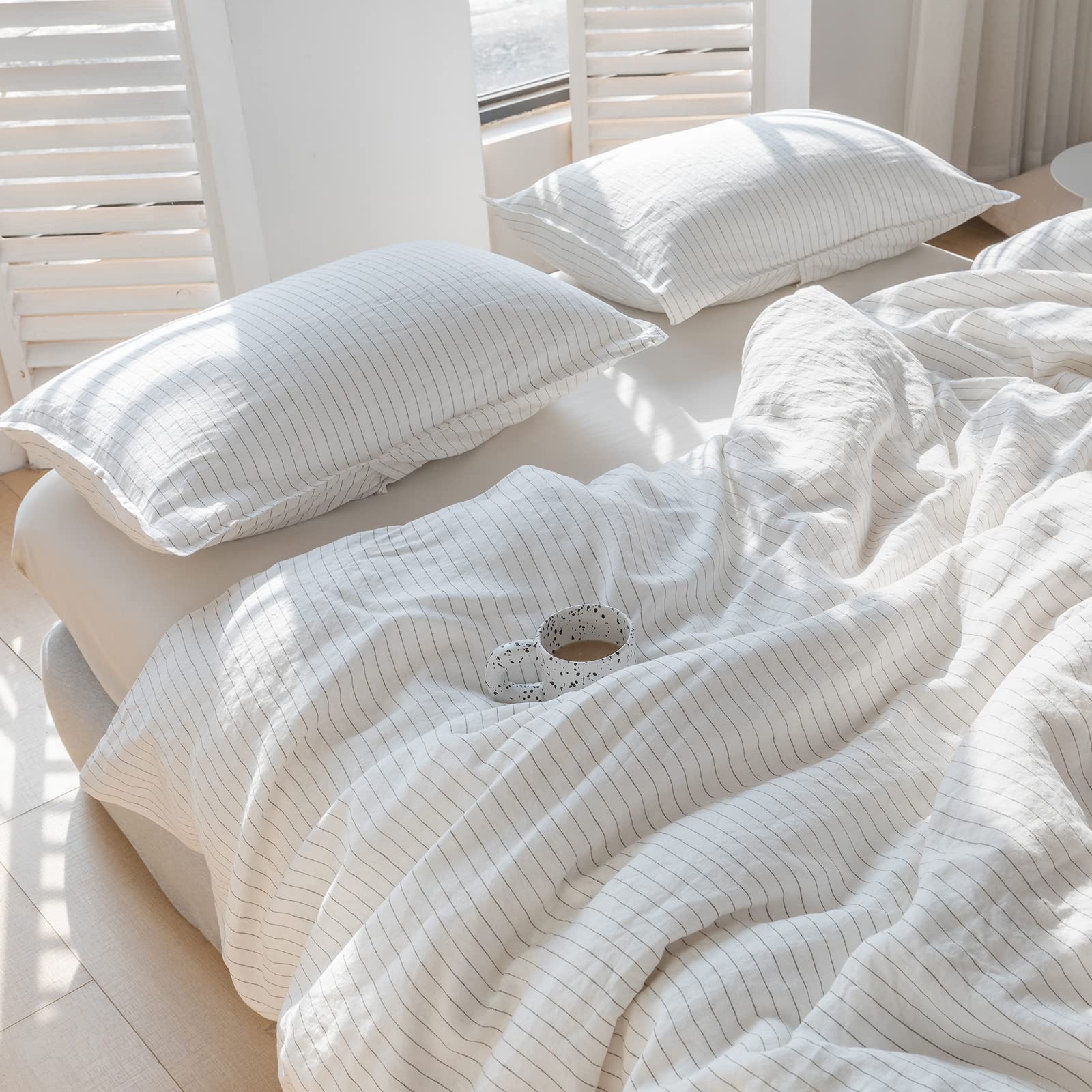 Simple&Opulence 100% Linen Duvet Cover Set 3Pcs Yarn Dyed Vertical Pinstripe Ticking Pattern Natural French Washed Flax Breathable Farmhouse Bedding - Grey Stripe, King Size