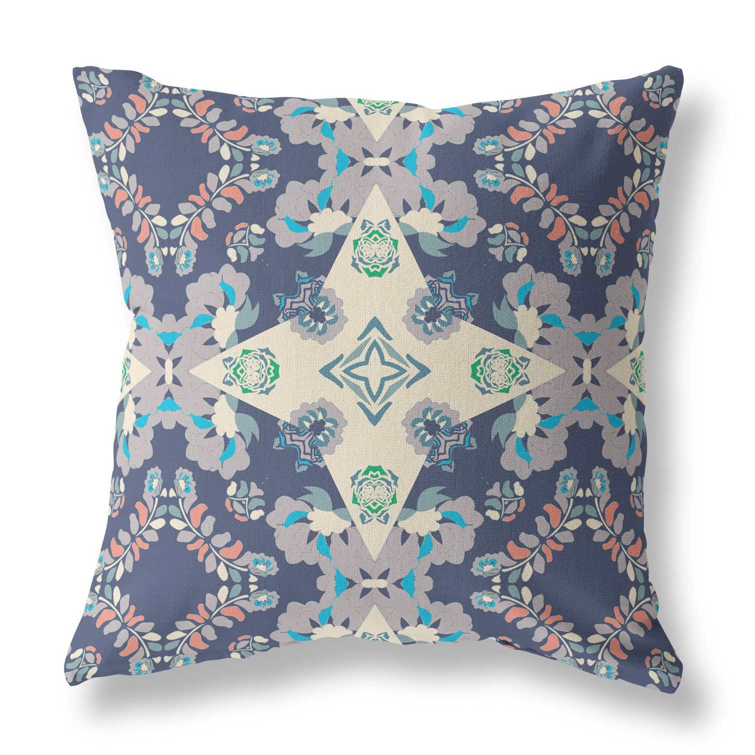 HomeRoots 28' X 28' Blue and Off White Broadcloth Floral Throw Pillow
