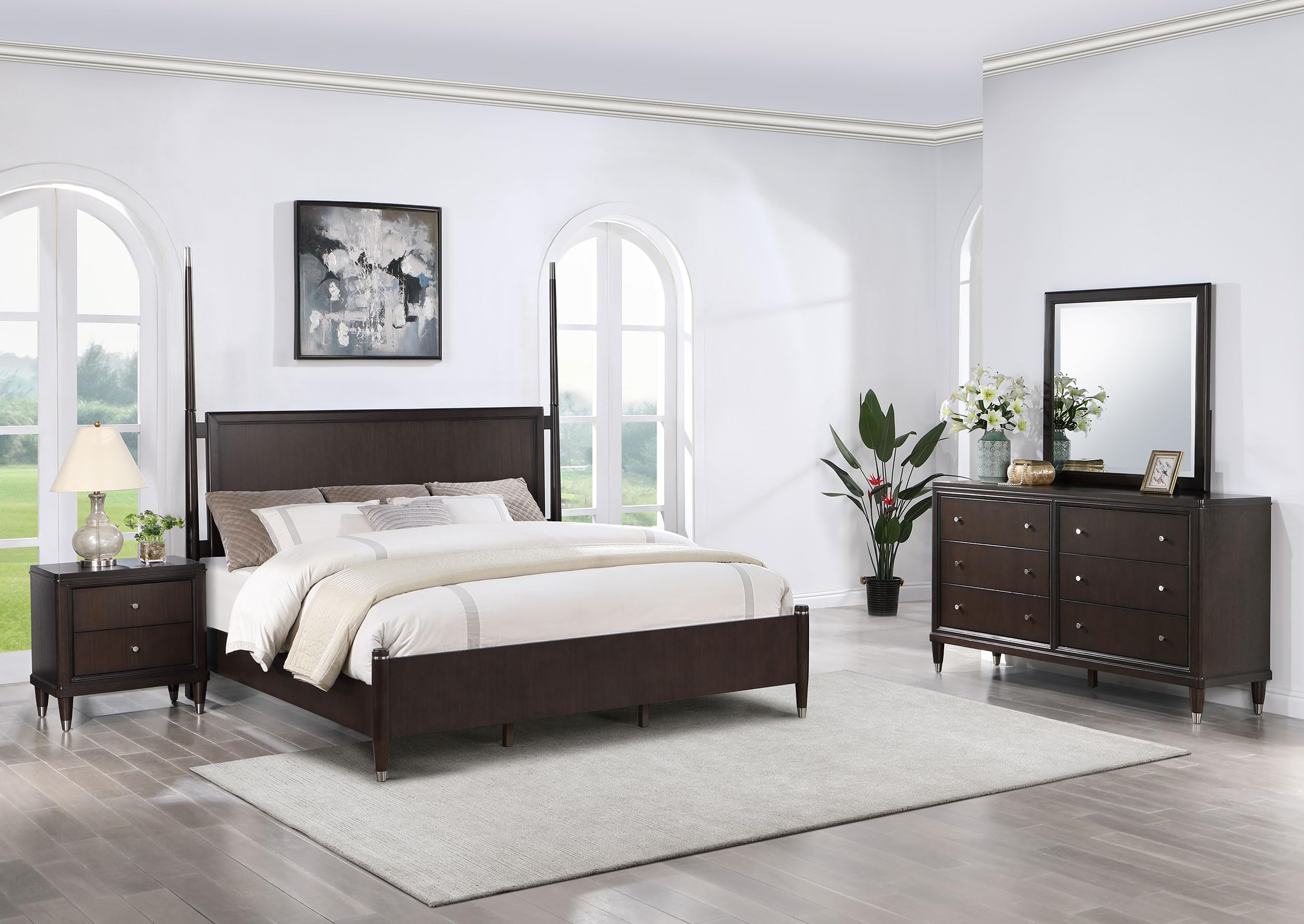 Coaster Home Furnishings Emberlyn Mid-Century Modern 4-Piece Bedroom Set Queen Size Four-Poster Bed Frame 84-inch Headboard Brown 223061Q-S4