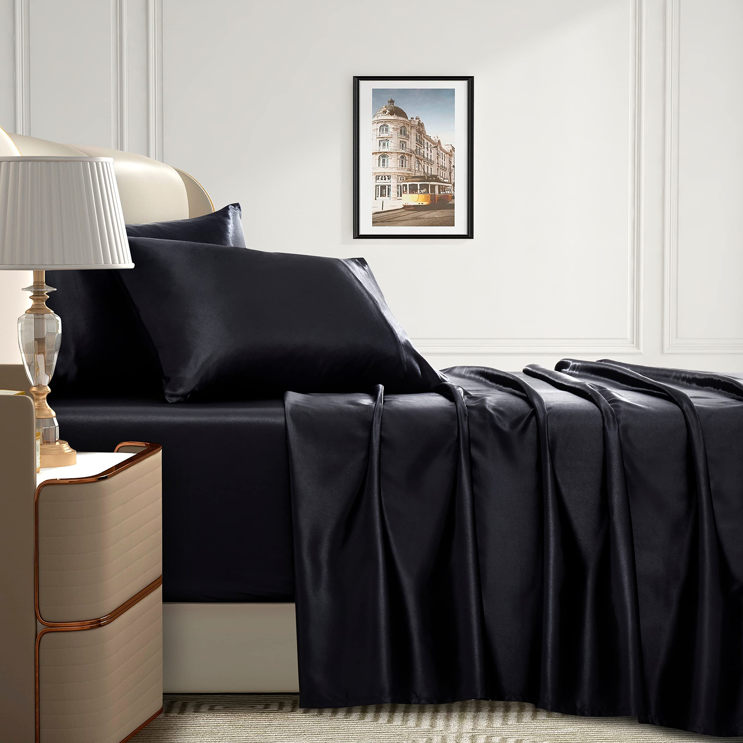 Homiest 4Pcs Extra Deep Pocket Satin Sheets Full Size Bed Set, 18-24 Inch Deep Pocket Bed Sheets Black Satin Sheet Set, Silky Satin Bedding Set Luxury Fitted Sheet Set Fits Ultra Deep Mattress