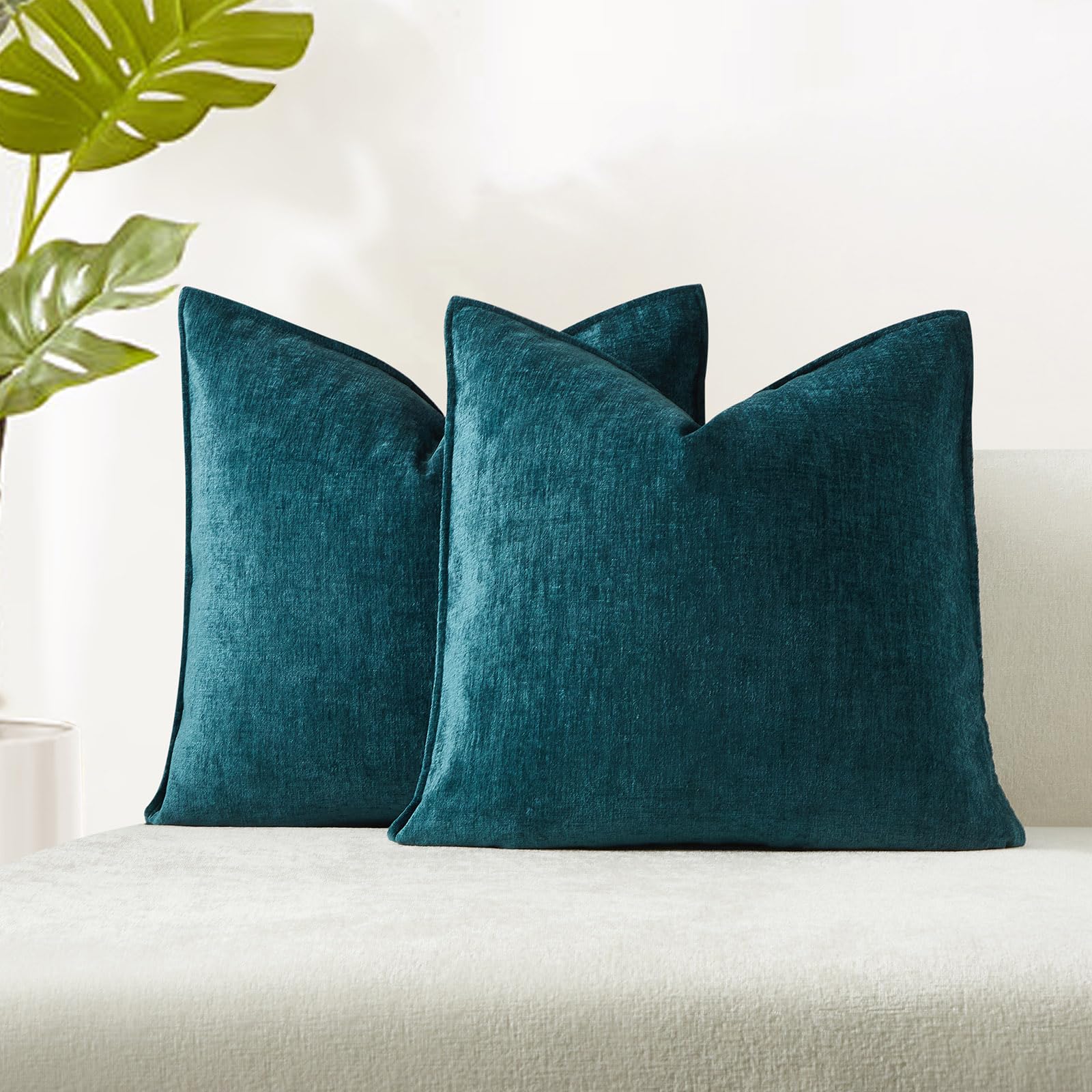 Juspurbet Set Of 2 Peacock Blue Chenille Throw Pillow Covers 20X20 Inch Soft Textured Decorative Cushion Cases For Couch Sofa Be