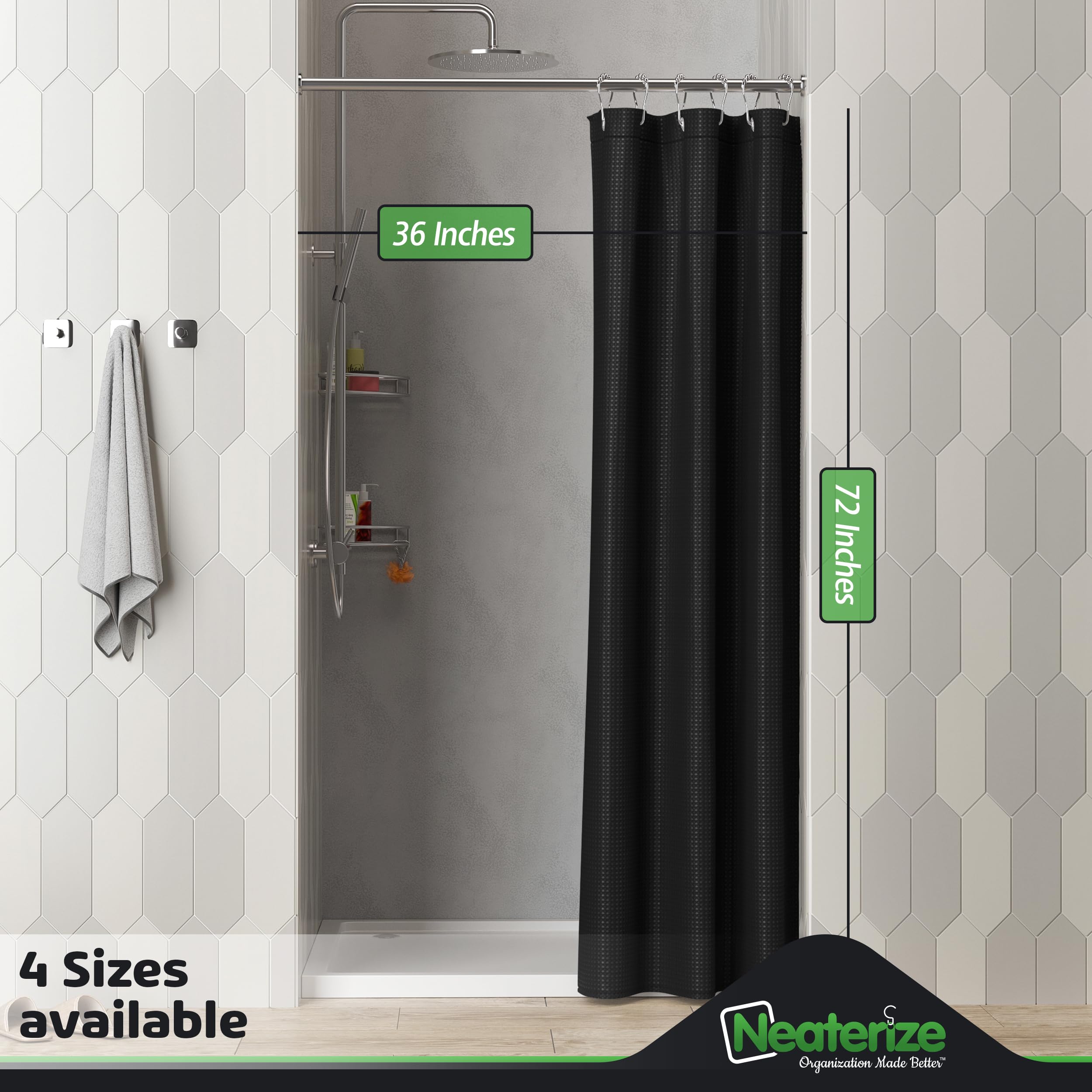 Neaterize Stall Shower Curtain Black - Hotel Style Black Shower Curtains For Bathroom With Waffle Design, 36X72 Inches - Fabric