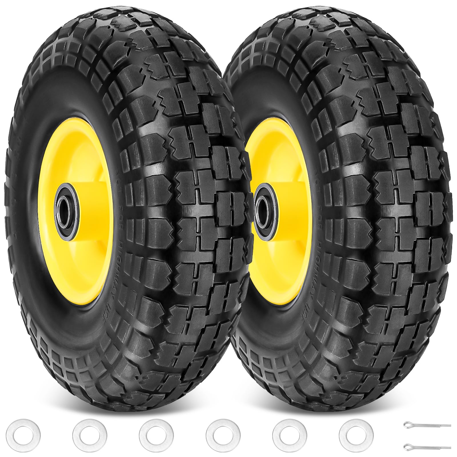 Ticonn 10' Solid Tires, 2 Pack Flat Free 4.10/3.50-4' Wheels With 5/8    Axle Bore Hole And Double Sealed Bearings (Yellow, 2P