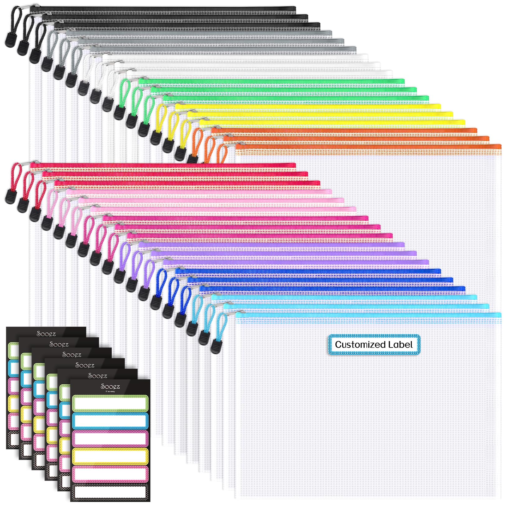 Sooez 36 Pack Mesh Zipper Pouch With Sticky Labels, A4 Size Mesh Bags For Board Game & Puzzles Organizing Storage, Durable Lette