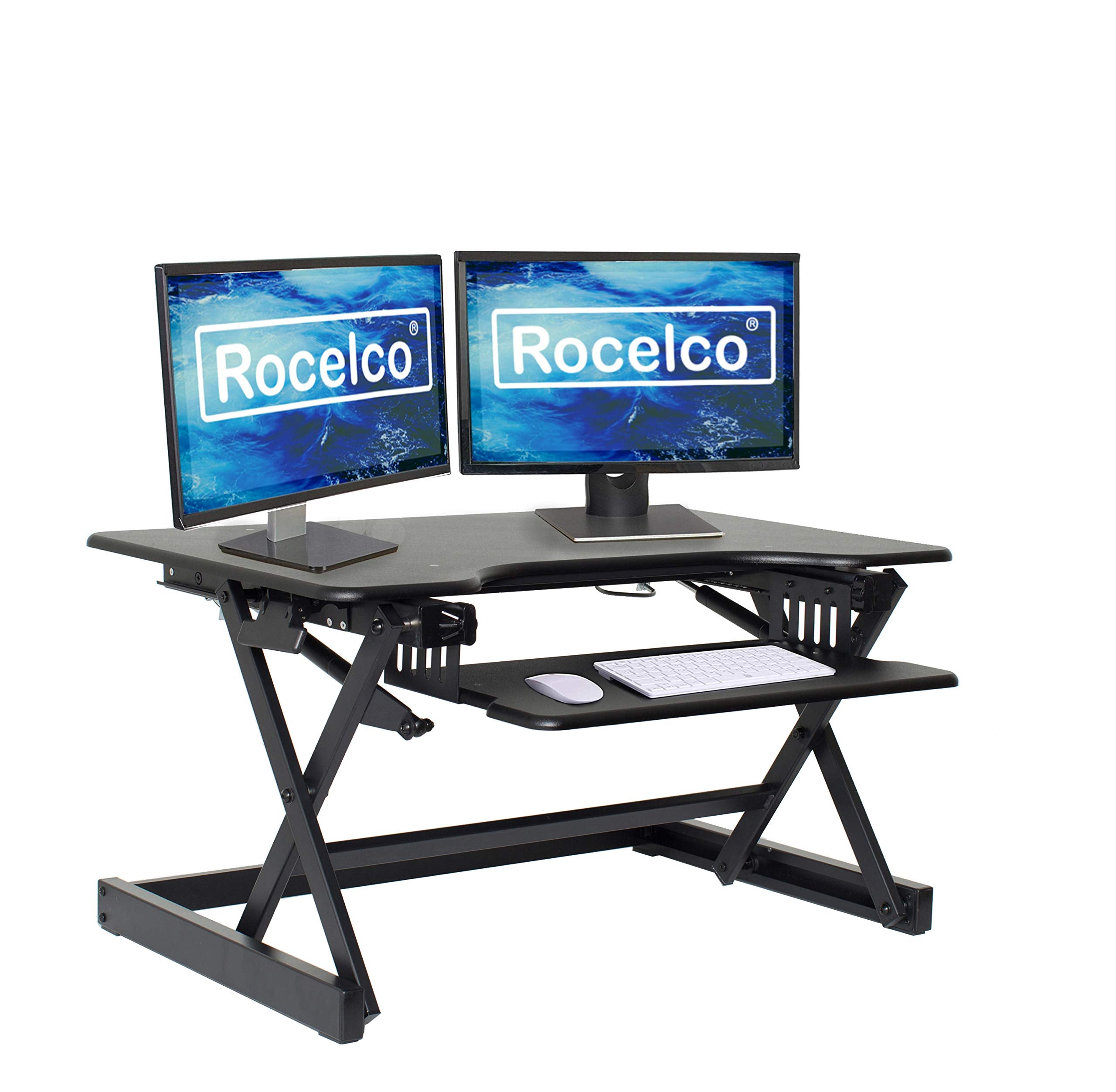 Rocelco 32 Height Adjustable Standing Desk Converter - Sit Stand Computer Workstation Riser - Dual Monitor Retractable Keyboard 