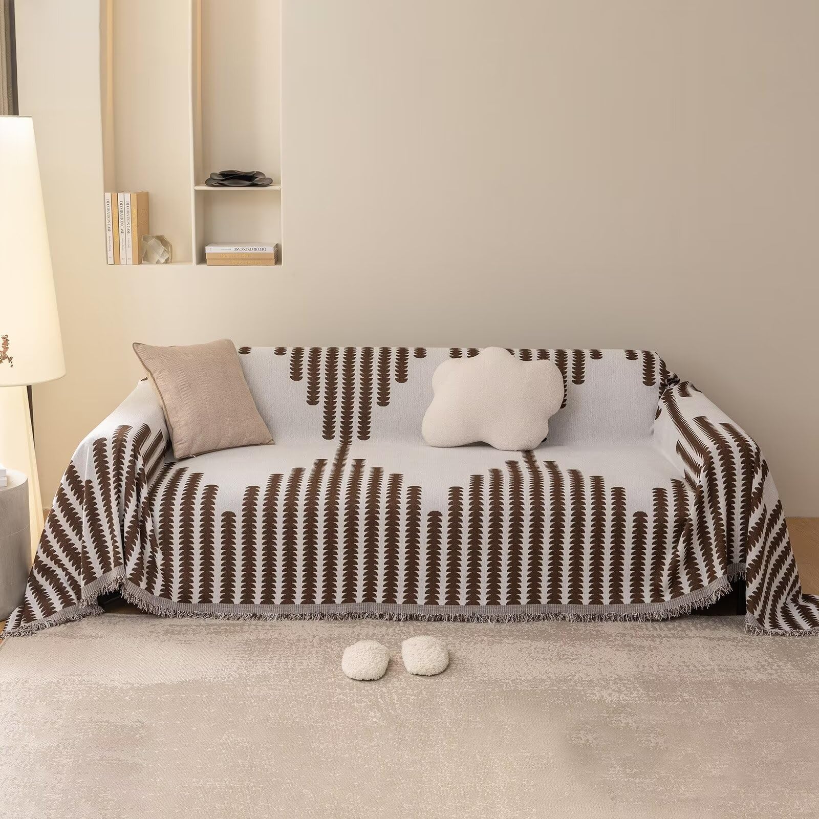 Vclife Boho Sofa Cover Thick Chenille Beige Coffee Geometry Couch Cover For 3-4 Cushion Couch Sofa Modern Beige Coffee Strip Her